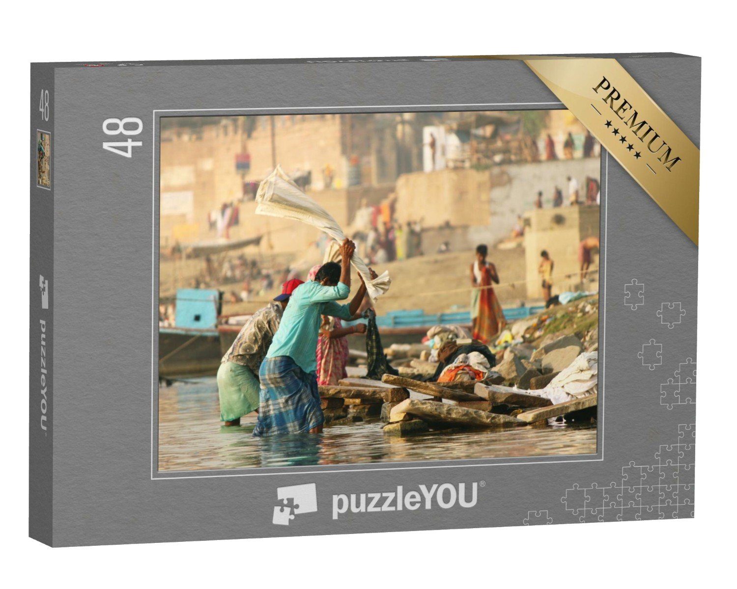 puzzleYOU Puzzle Männer beim Wäsche waschen, Dhobighat bei Varanasi, 48 Puzzleteile, puzzleYOU-Kollektionen Indien