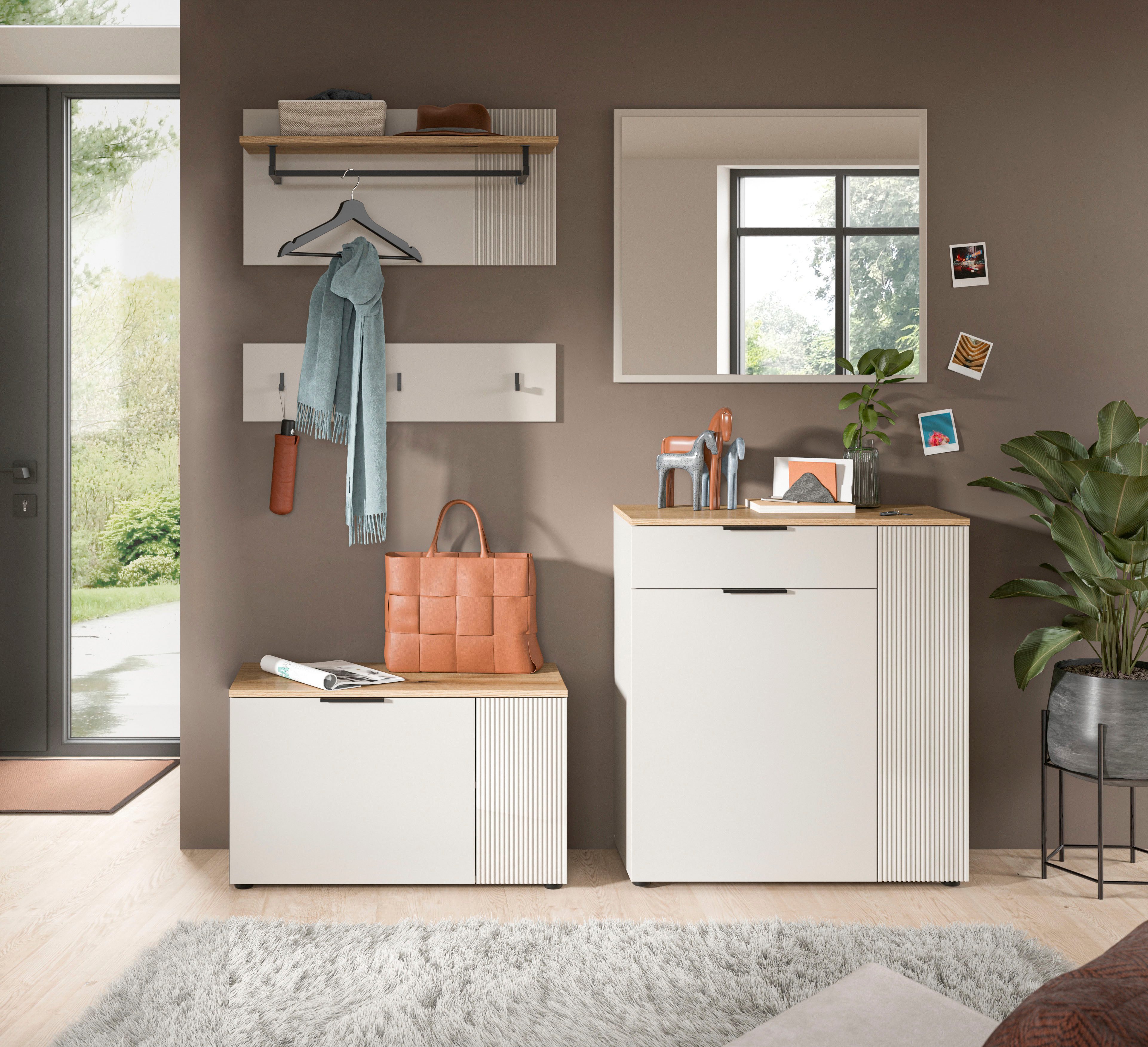 Home affaire Garderoben-Set EDIL, Breite 175 cm, 5-teilig, Front mit hochwertiger Längstfräsung, (Set, 4-St., best. aus: Sitzbank, Paneel, Hakenleiste, Kommode & Spiegel), Garderobenkombination, Kombination, Set, Garderobe, Flurgarderobe