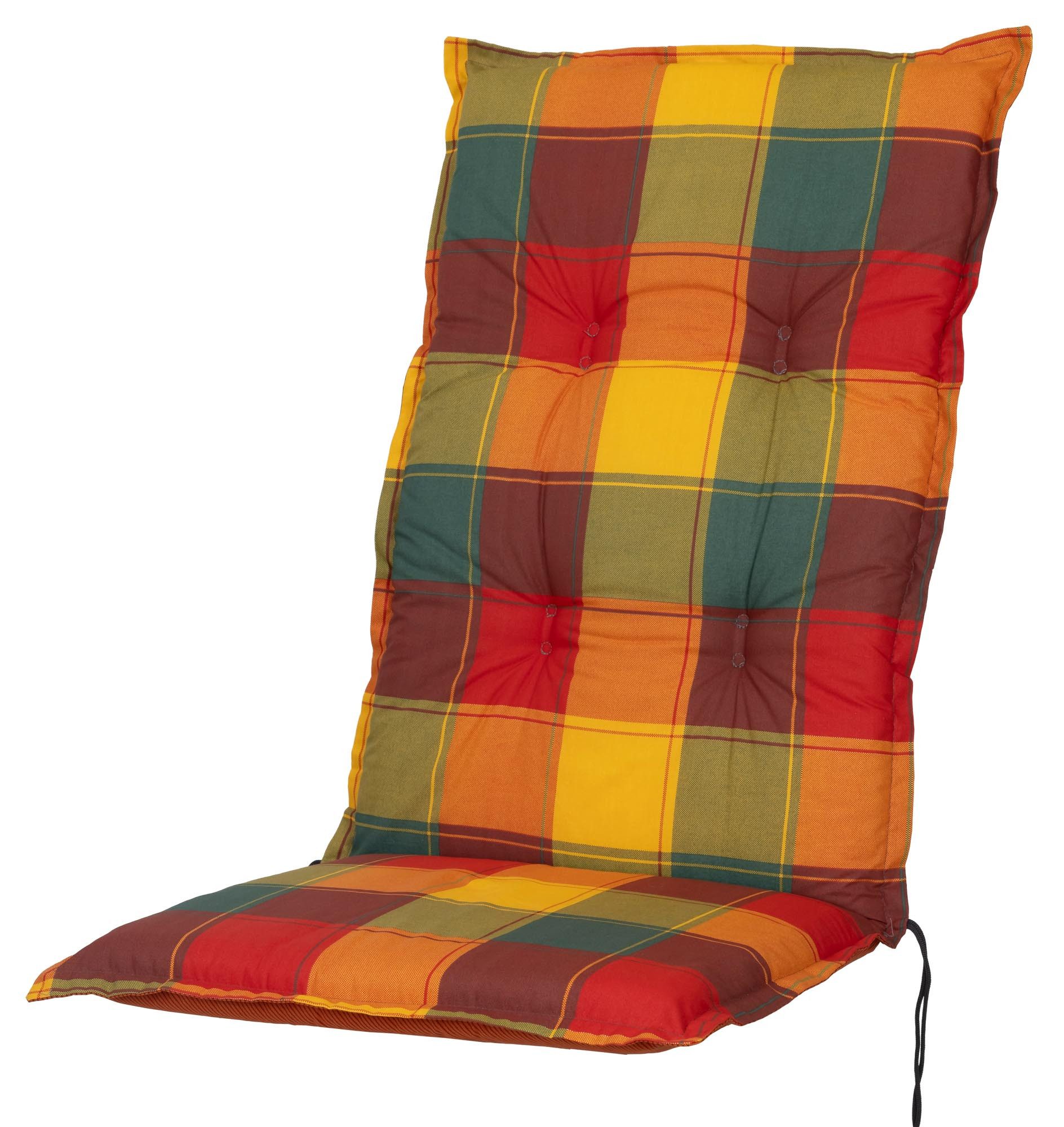 Sun Garden Hochlehnerauflage Hochlehner Prato 90887-4 gelb-grün-terra-blau kariert 120x51x7,5 cm, (1 St), Halteband verstellbar mit Bindebändern