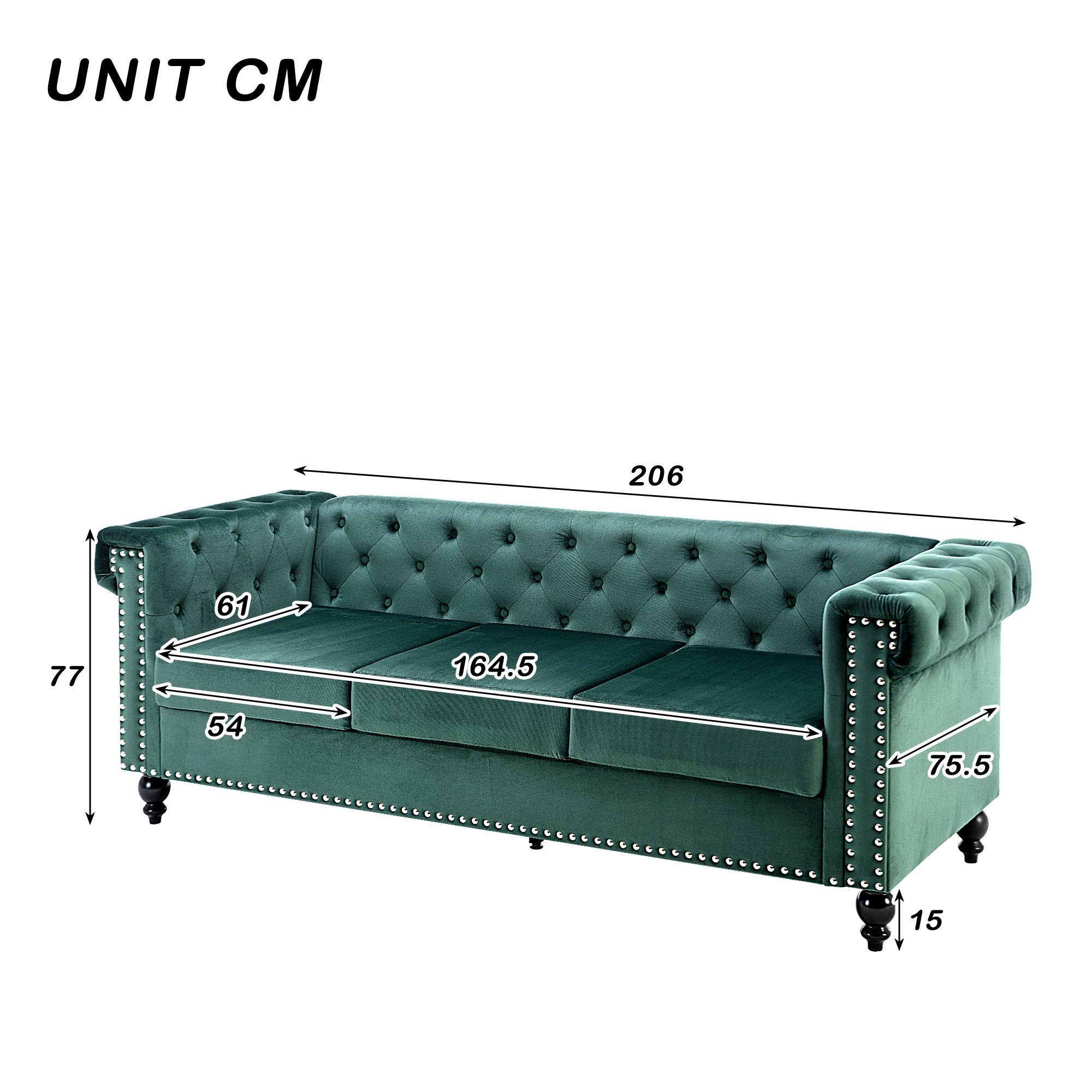 3-Sitzer, mit edler Knopfheftung und typischen Armlehnen, Sofa in Chesterfield-Optik, mit Federkern und Holzfüße, Bezug aus Samt