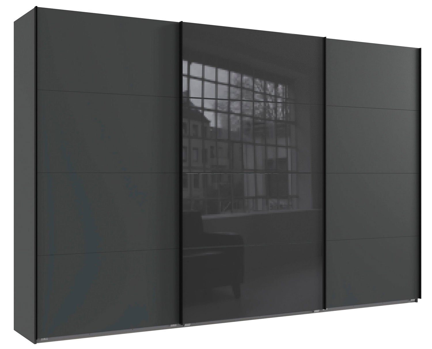 Wimex Schwebetürenschrank Norderstedt (mit Schwebetüren, Kleiderstangen, Einlegeböden, Stoffboxen, 1-St., moderne Optik, Metallgriffleisten, mit Glaselementen) 360x64x236cm graphit / Glasgrau