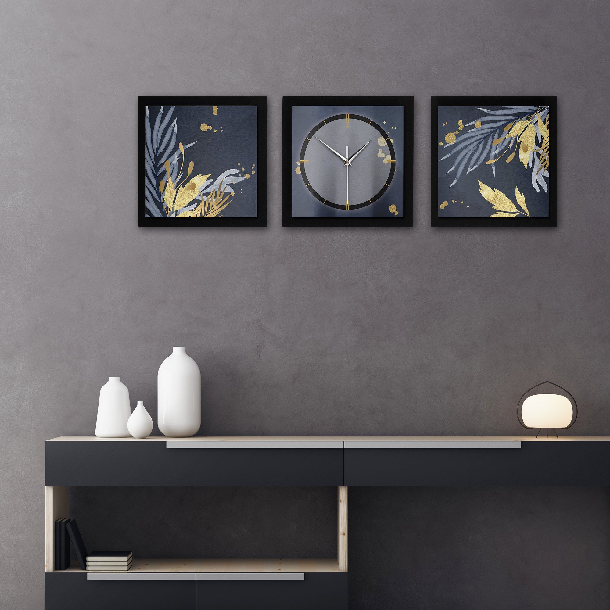 (150x50cm) & Quarzuhrwerk; Blue Funk- elegant, oder (ohne modern) groß Kreative Feder außergewöhnlich, Ticken; Wanduhr Gold