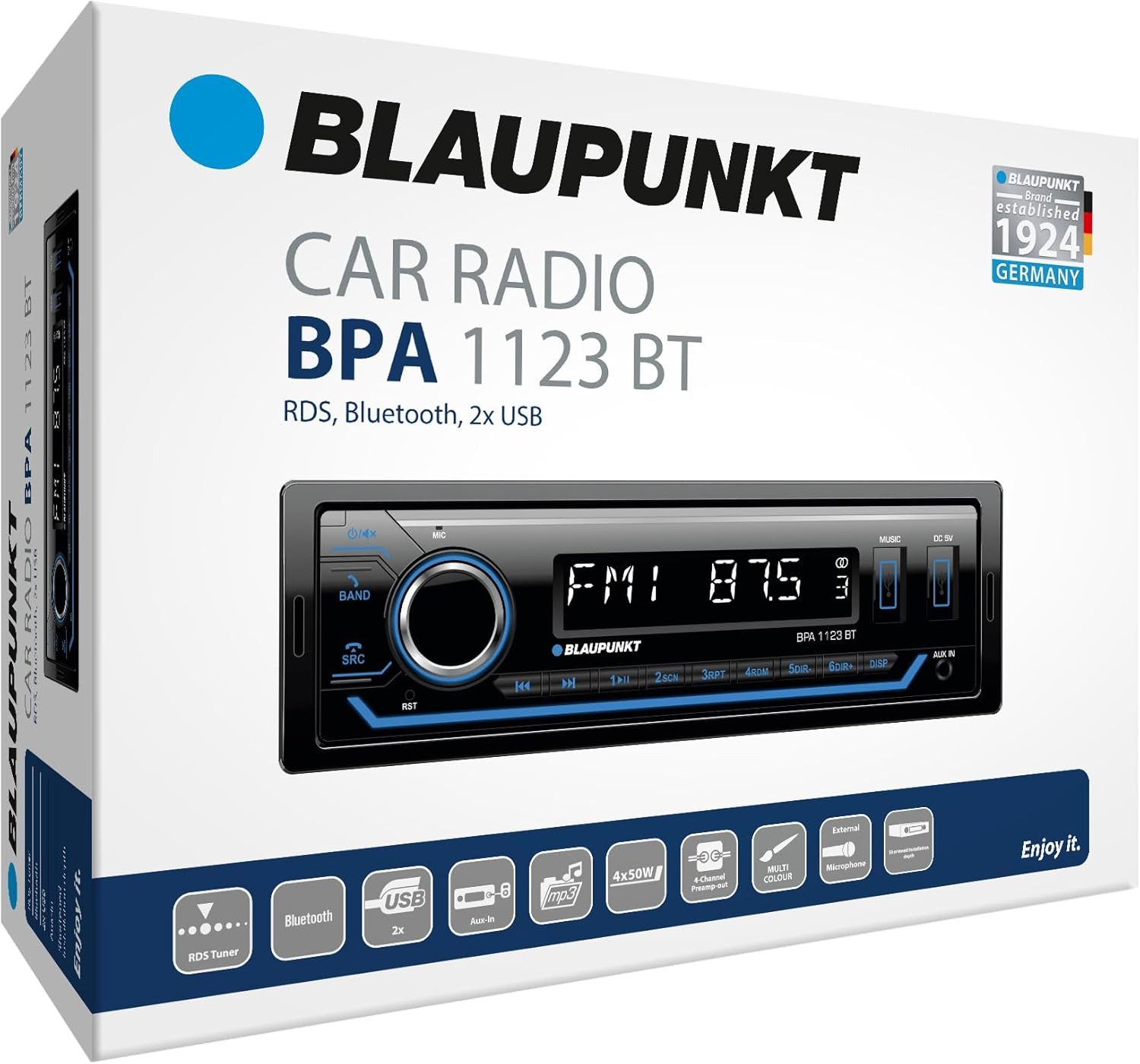 Blaupunkt Blaupunkt BPA 1123 BT 1-DIN Autoradio, BT, USB, Aux-Eingang 4x50W Autoradio (RDS (Radio Data System), PTY (Programme Type), TA (Traffic Announcement), AF (Alternative Frequency), AM/FM-Tuner, Ext. Mikrofon, Sub-Out, Multicolour-Licht, geringe Einbautiefe)