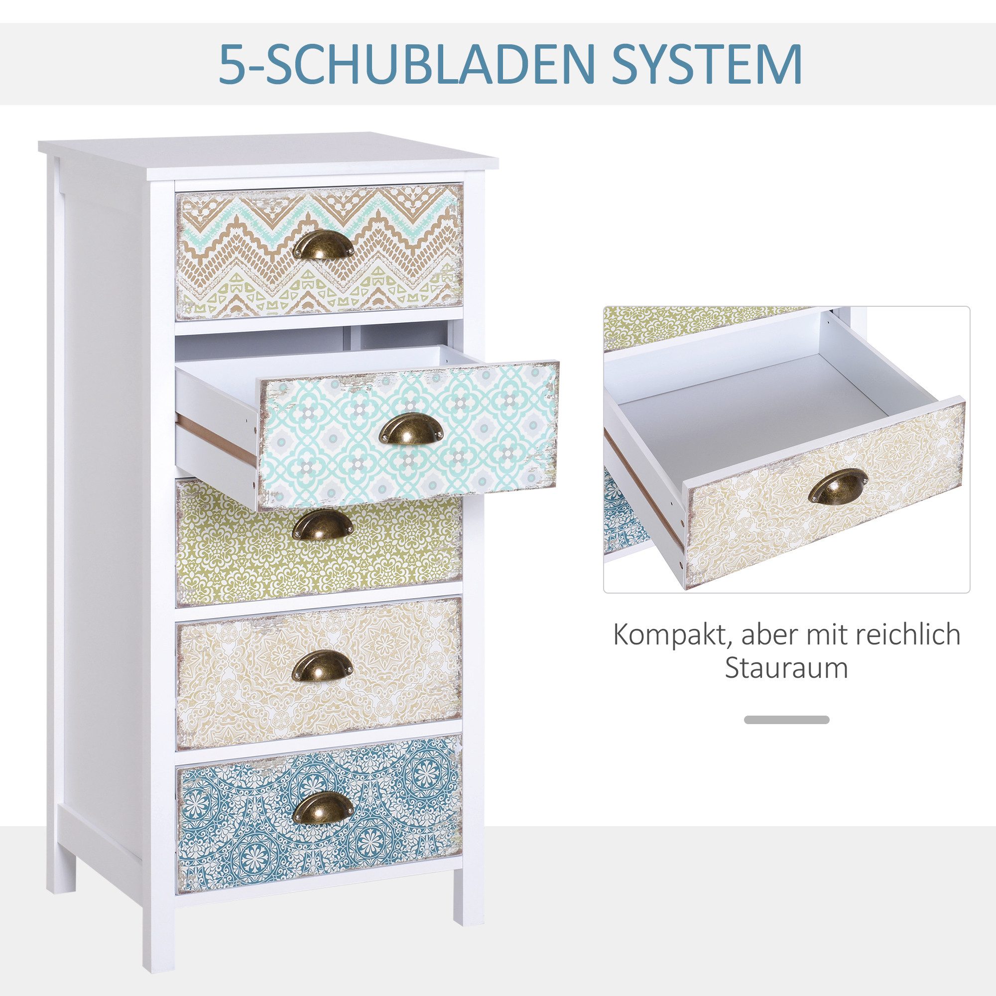 HOMCOM Kommode Schubladenkommode mit 5 Schubladen (Aufbewahrungsschrank, 1 St., Kommodenschrank), mit Kisppschutz für Wohnzimmer, Schlafzimmer, Bunt