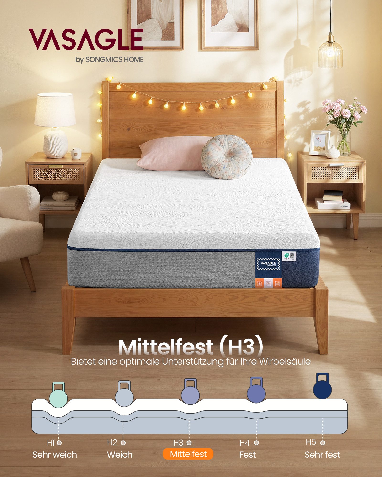 Kaltschaummatratze Matratze aus Gel-Memory-Schaumstoff, VASAGLE, 20 cm hoch, mittelfest, H3, 7-Zonen-Unterstützung, atmungsaktiv, Abnehmbarer