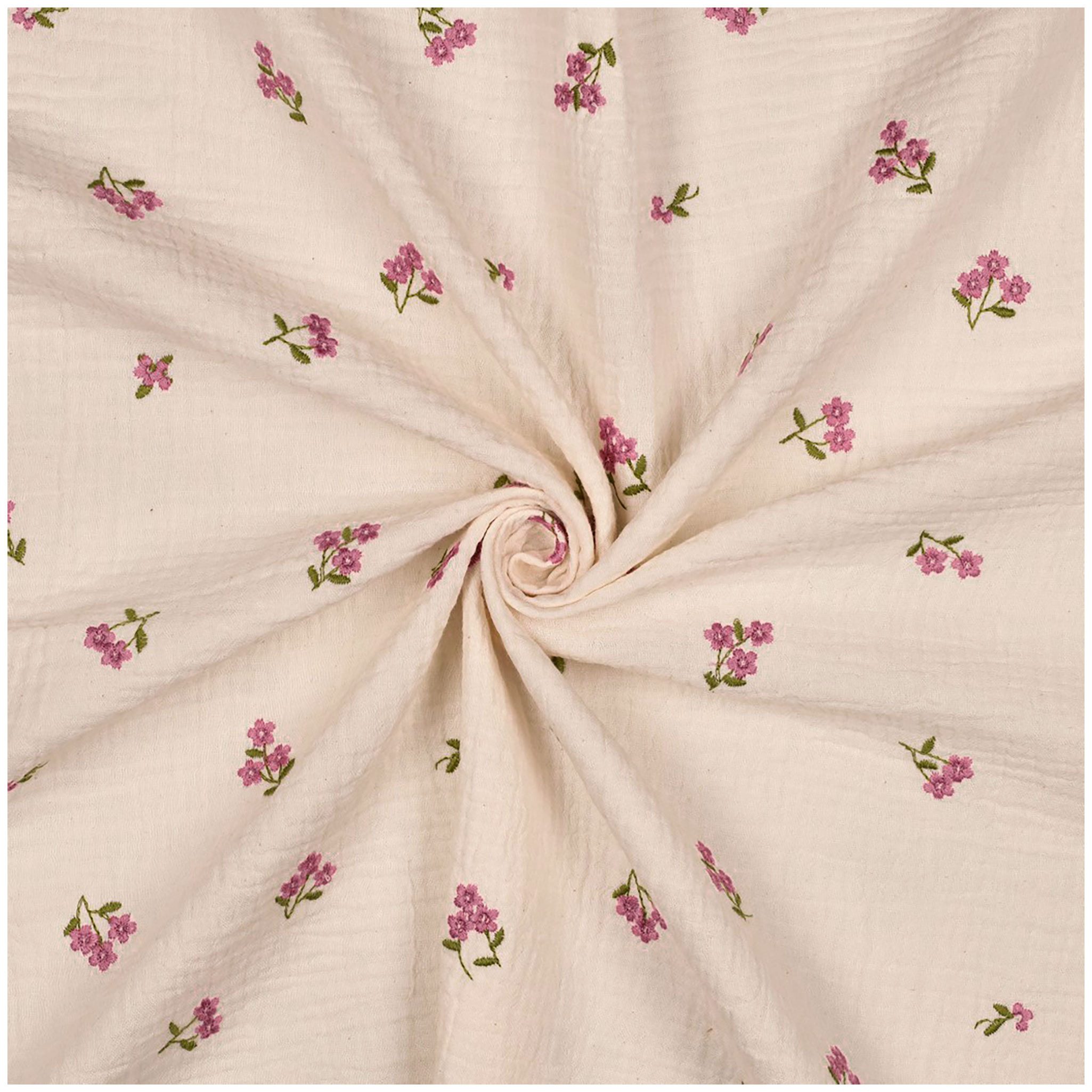 maDDma Stoff Musselin Double Gauze mit Blumenstickerei, Baumwolle 1/2 Meterware, creme