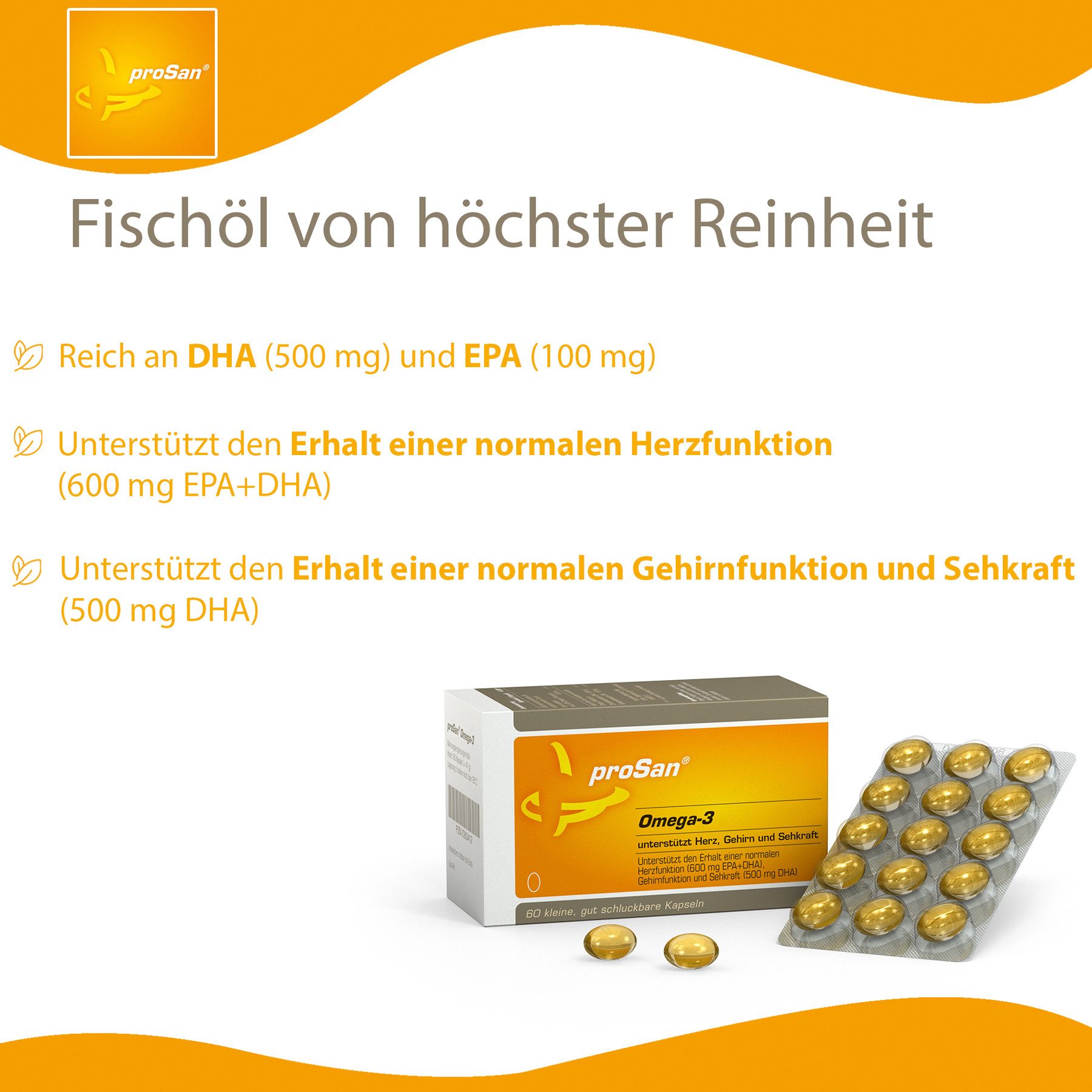 proSan Omega-3-Fettsäuren, natürliches Premium Fischöl mit 500 mg DHA, Kapseln, 60 St., 41 g