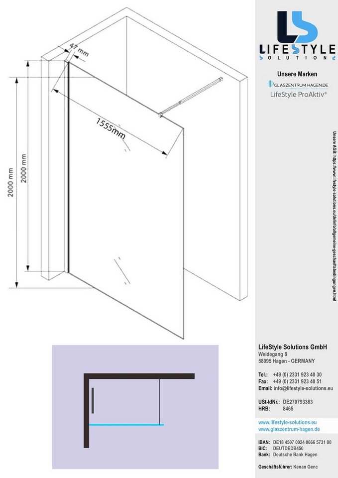 Thumbnail - Glaszentrum Hagen Walk-in-Dusche Glaszentrum Hagen 160x200cm Jade-B Duschwand - Dusche - Duschabtrennun