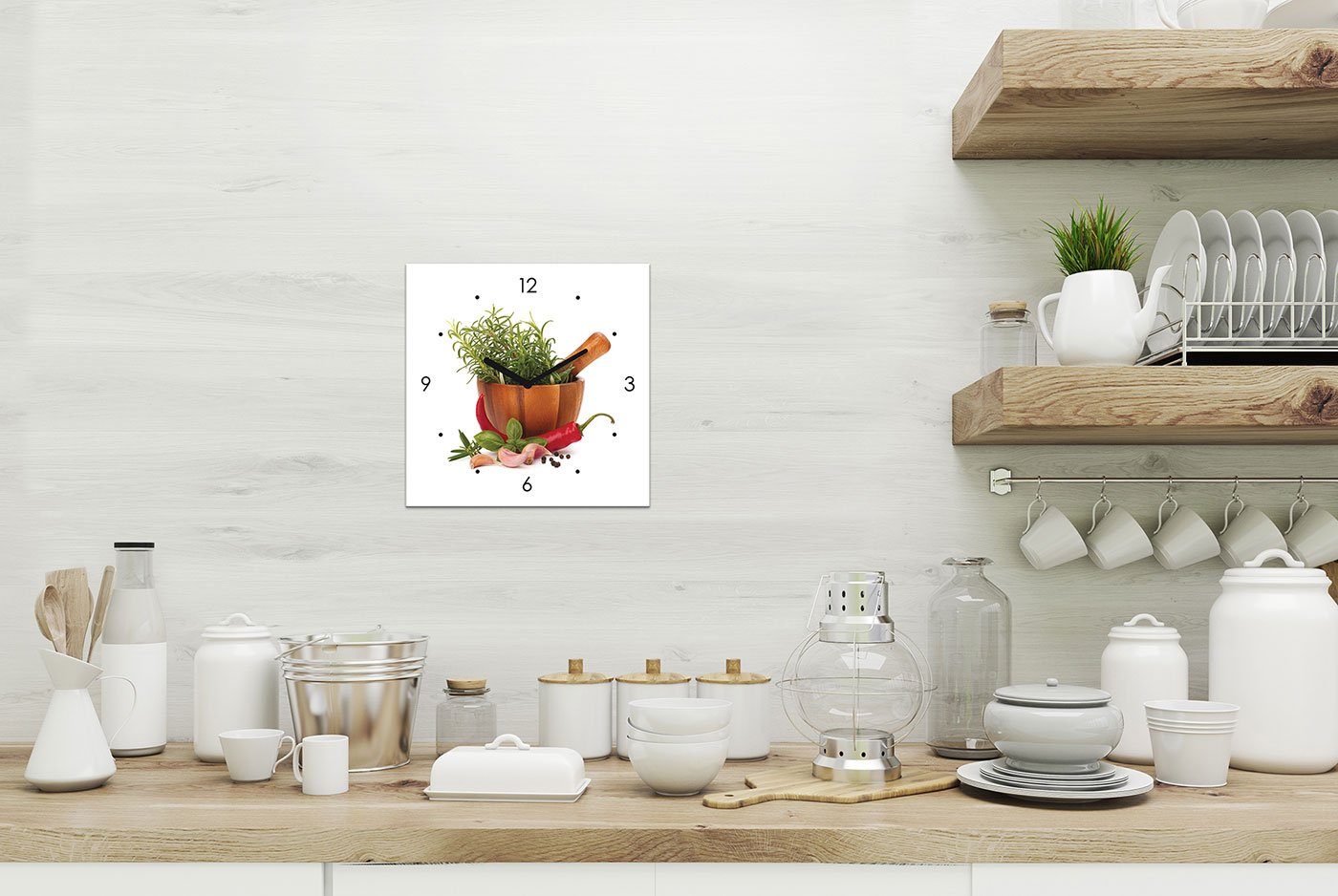 Levandeo® Wanduhr (Wanduhr Glas 20x20cm Kräuter Schale Chili Uhr Glasbild K günstig online kaufen
