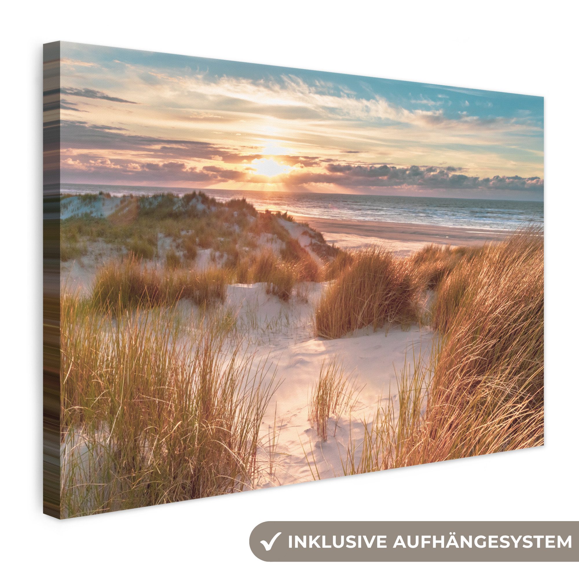 OneMillionCanvasses® Leinwandbild Düne - Pflanzen - Sonnenuntergang - Strand - Meer, Fotodruck (1 St), Leinwand Bilder Klein, Wand Dekoration Aesthetic 30x20 cm