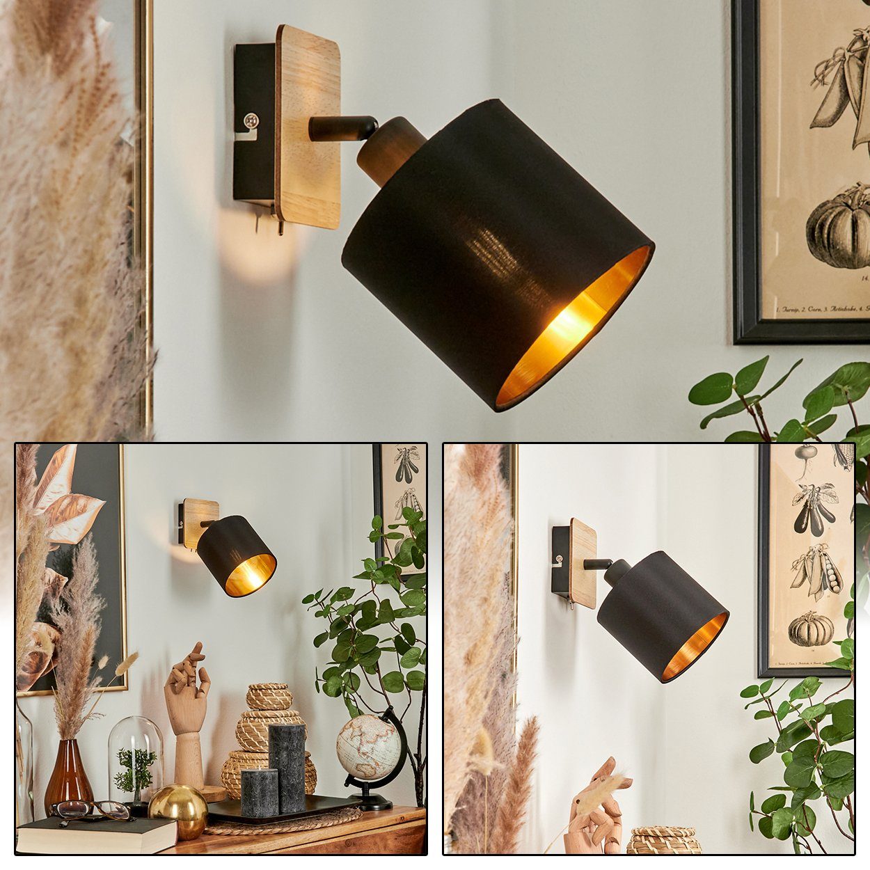 hofstein Wandleuchte verstellbarem Holz/Metall/Stoff, ohne skandinavischen im Design, Hellbraun/Schwarz, Schirm(12cm),1xE14 Leuchtmittel, Leuchte Wandlampe, »Costa« verstellbare