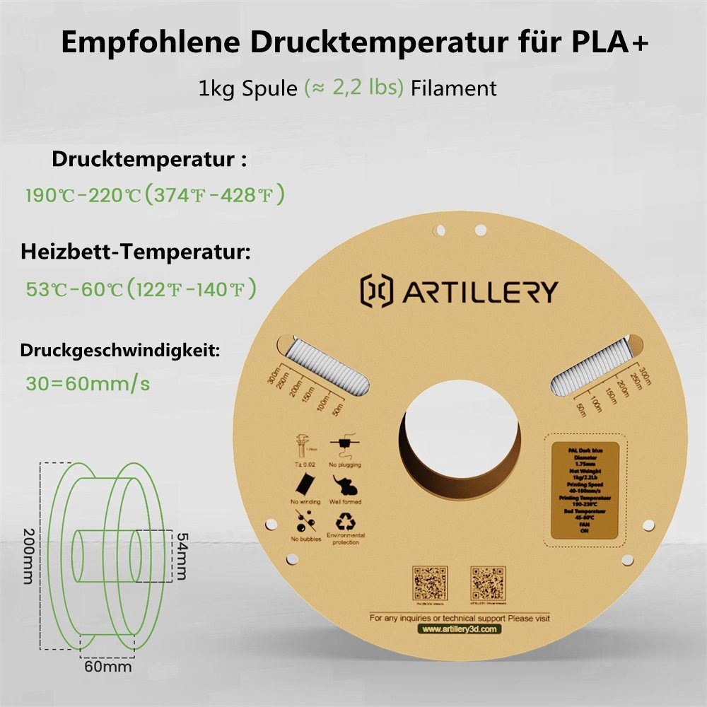 Artillery 3D-Drucker PLA Filament 1.75mm, 1×1kg Spulen, Hohe Präzision ±0.02mm