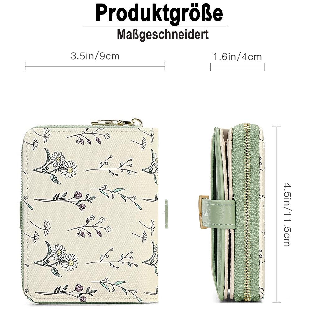 Zaewry Geldbörse Kleine Damen Geldbörse,modisch, niedlicher Margeriten-Aufdruck, Leder, Bifold, kompakt, RFID-geschützt, mit Reißverschlusstasche
