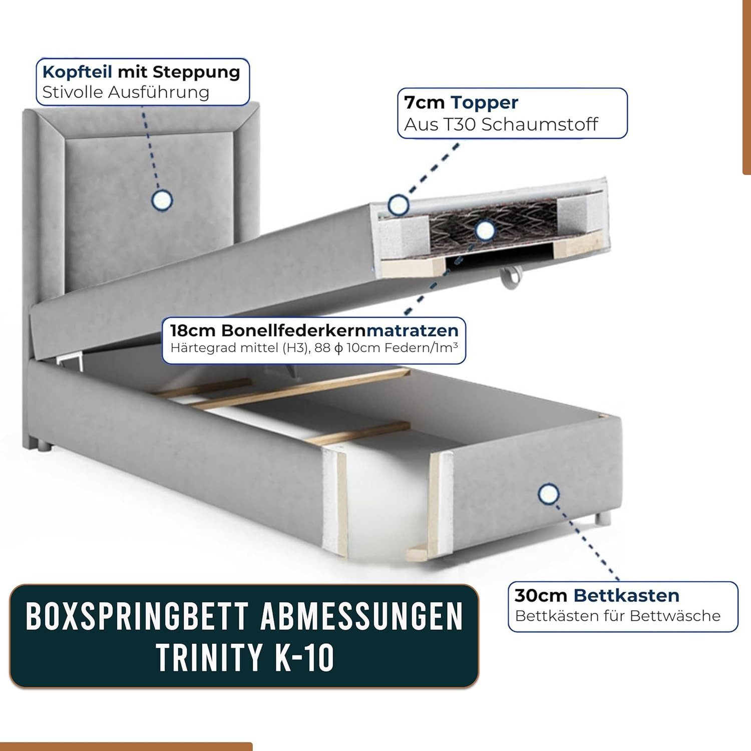 Best for Home Boxspringbett Trinity K10 SINGLE mit Bettkasten & Bonellfederkern, Komfort Topper H3 (Einzelbett, Polsterbett gepolstertes Kopfteil, Jugendbett, Kinderbett versch. Größen, 70x200 80x200 90x200 100x200 cm), mit oder ohne Topper, Flexible Liefermöglichkeiten, Handwerksqualität