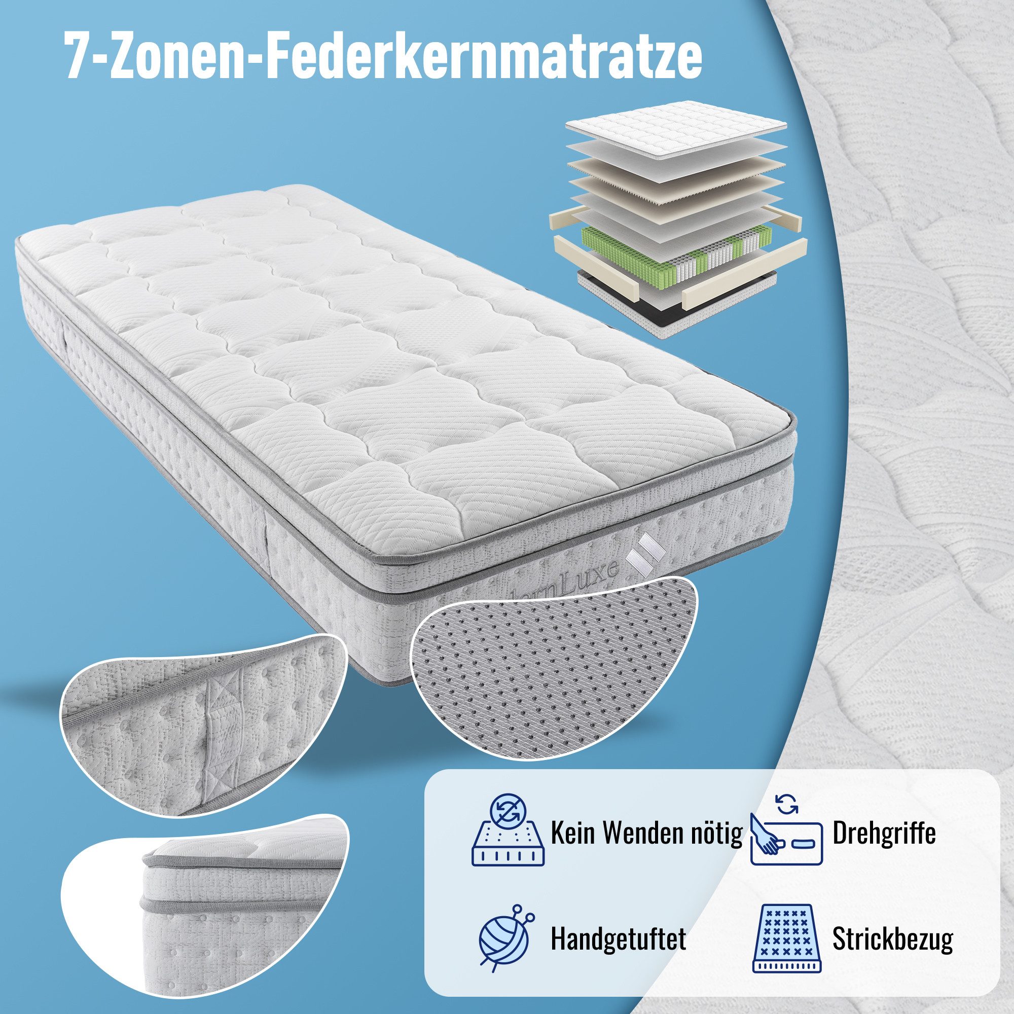 Taschenfederkernmatratze Matratze 90x200 140x200 140x190, H3, 25cm Hohe, Odikalo, 25 cm hoch, (7-Zonen Kaltschaum Hybrid-Matratze, Ergonomische Punktelastizität & Atmungsaktiv)