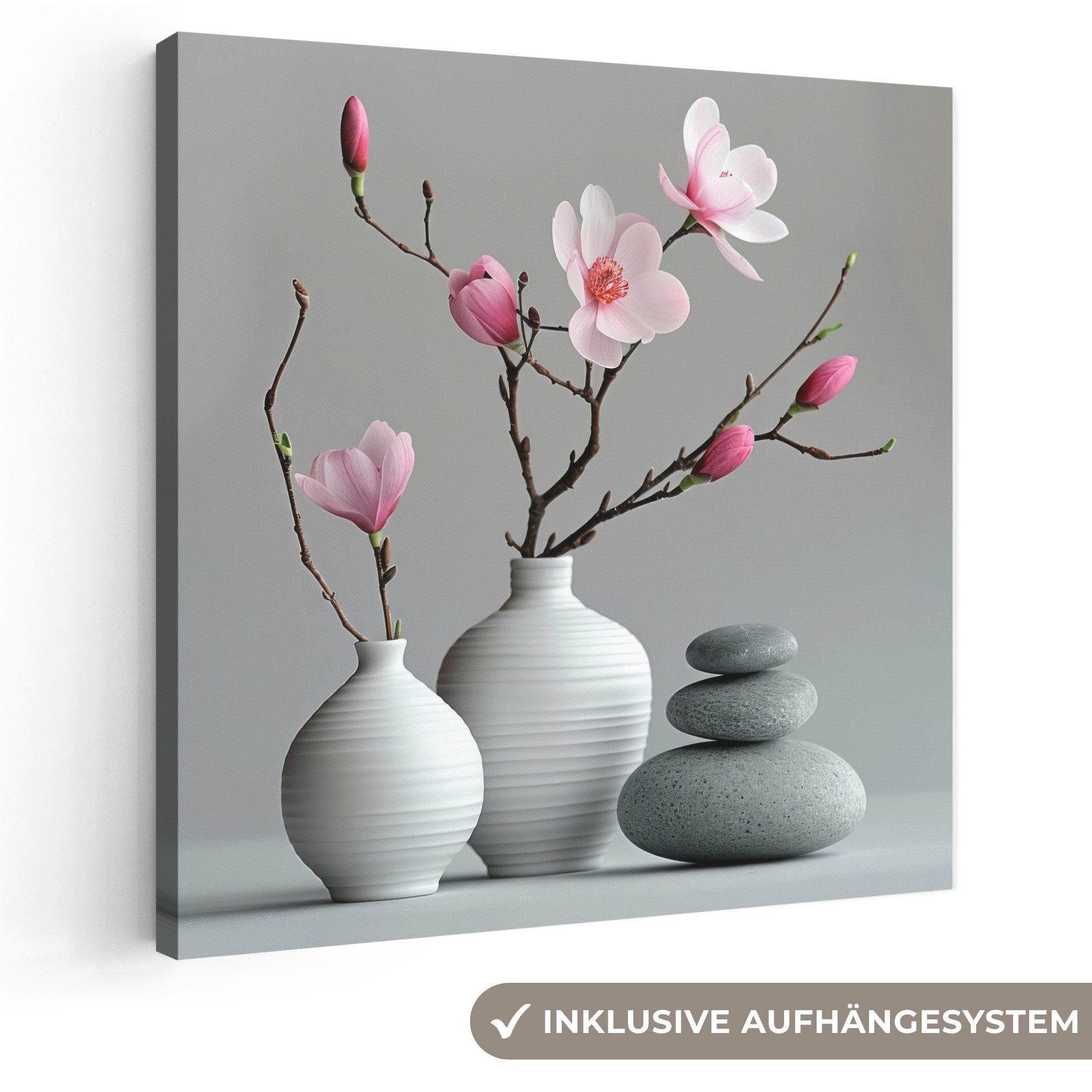 OneMillionCanvasses® Leinwandbild Magnolie - Blumen - Rosa - Zen-Steine, Fotodruck (1 St), Wandbild, Deko Schlafzimmer Wohnzimmer Flur 20x20 cm
