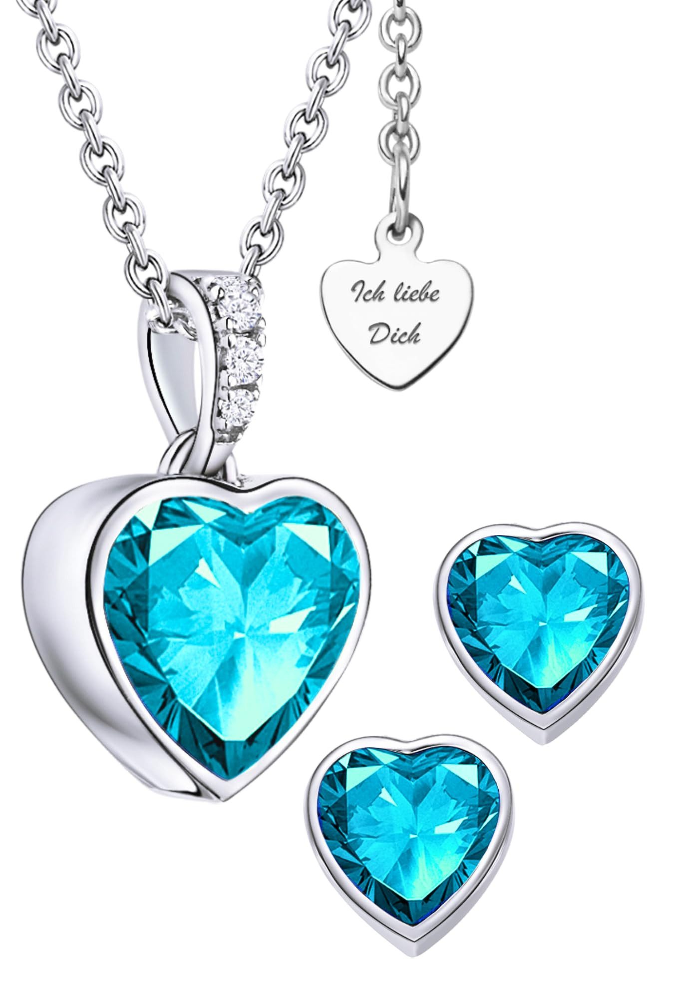 LOVENEST Ohrring und Ketten Set Schmuck Set Silber925/Rot & Aquamarin Zirkonia Kette Ohrringe (3-tlg., Weihnachten, Geburtstag, Hochzeitstag)