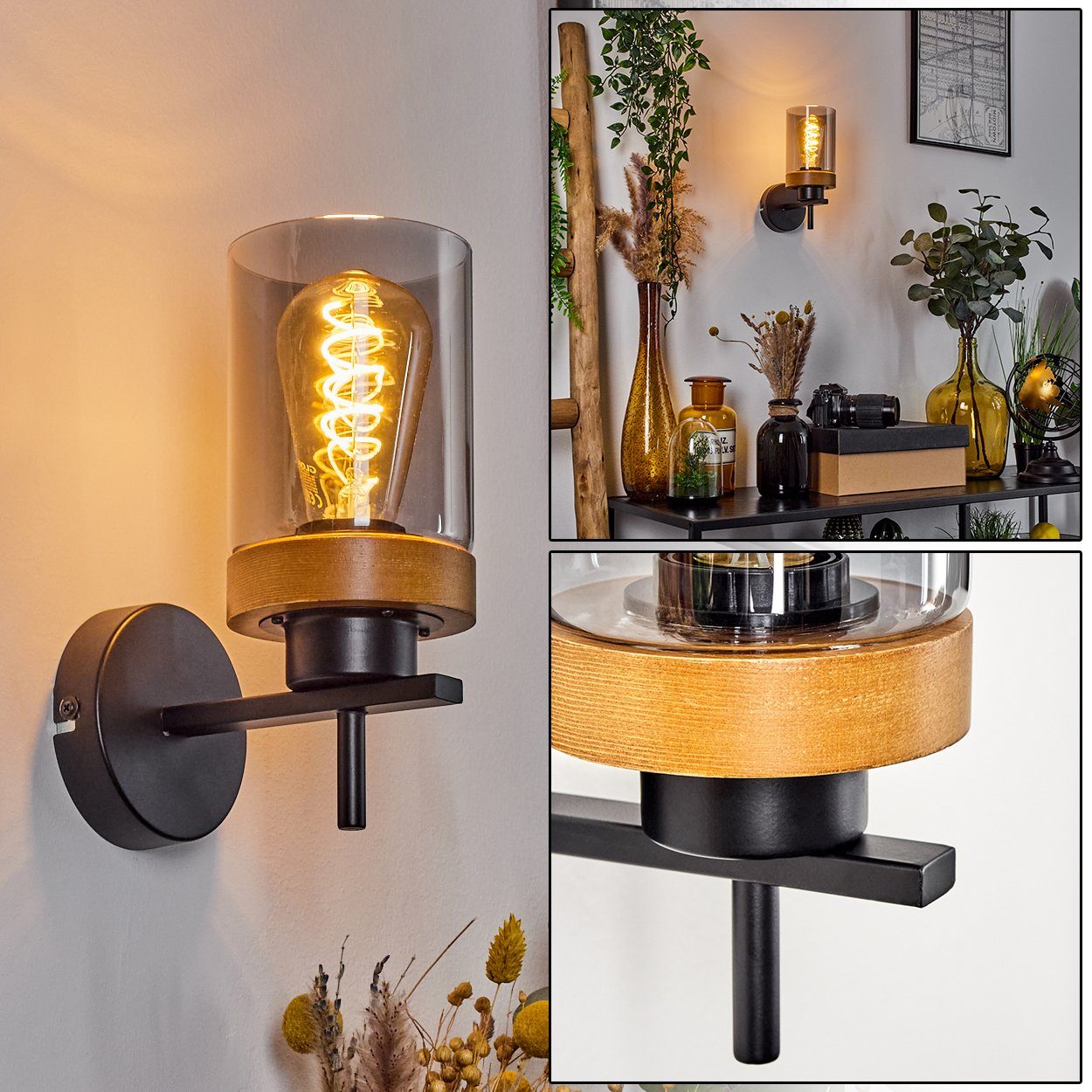 hofstein Wandleuchte »Vaglie« moderne Wandlampe aus Metall/Holz/Rauchglas in Schwarz/Natur, ohne Leuchtmittel, Leselampe mit Glasschirm, 1xE24