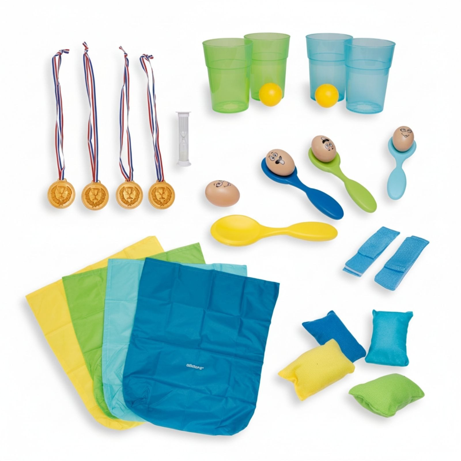 alldoro Spielesammlung XXL Partyspiele Set für Kinder, Spielesammlung für Kindergeburtstag, 29-teilig mit Sackhüpfen, Eierlauf, Medaillen und vielem mehr