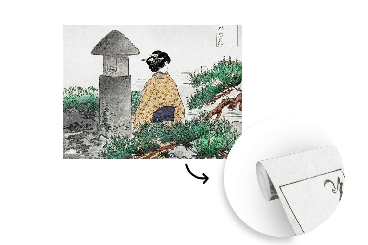 Vinyl Matt, Wallpaper Wohnzimmer, (6 Frau Schlafzimmer, MuchoWow Fototapete Tapete Japan, - Natur Kinderzimmer, St), Kimono - bedruckt, - für