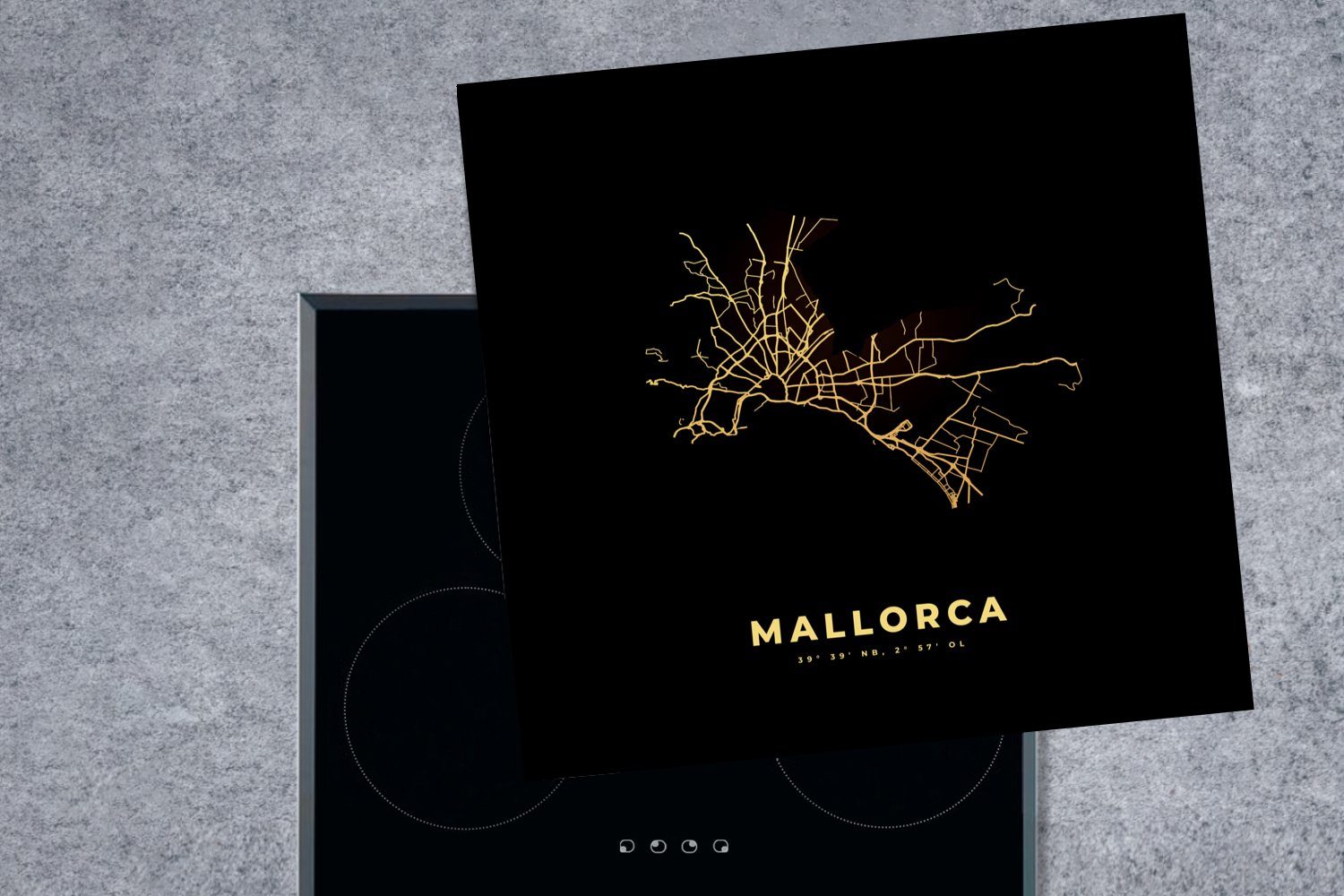 MuchoWow Herdblende-/Abdeckplatte Mallorca - für Vinyl, (1 cm, Ceranfeldabdeckung, tlg), Karte Gold, Arbeitsplatte küche - 78x78 Spanien 
