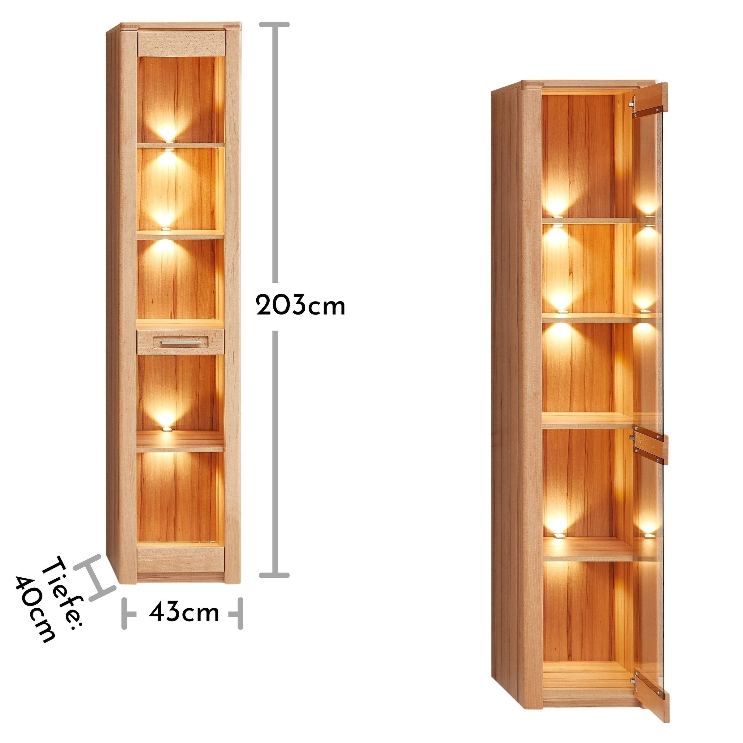 freiraum Standvitrine Nature One 1 Tür, mit LED, FSC, Kernbuche teilmassiv - 43x203x40cm (B/H/T)