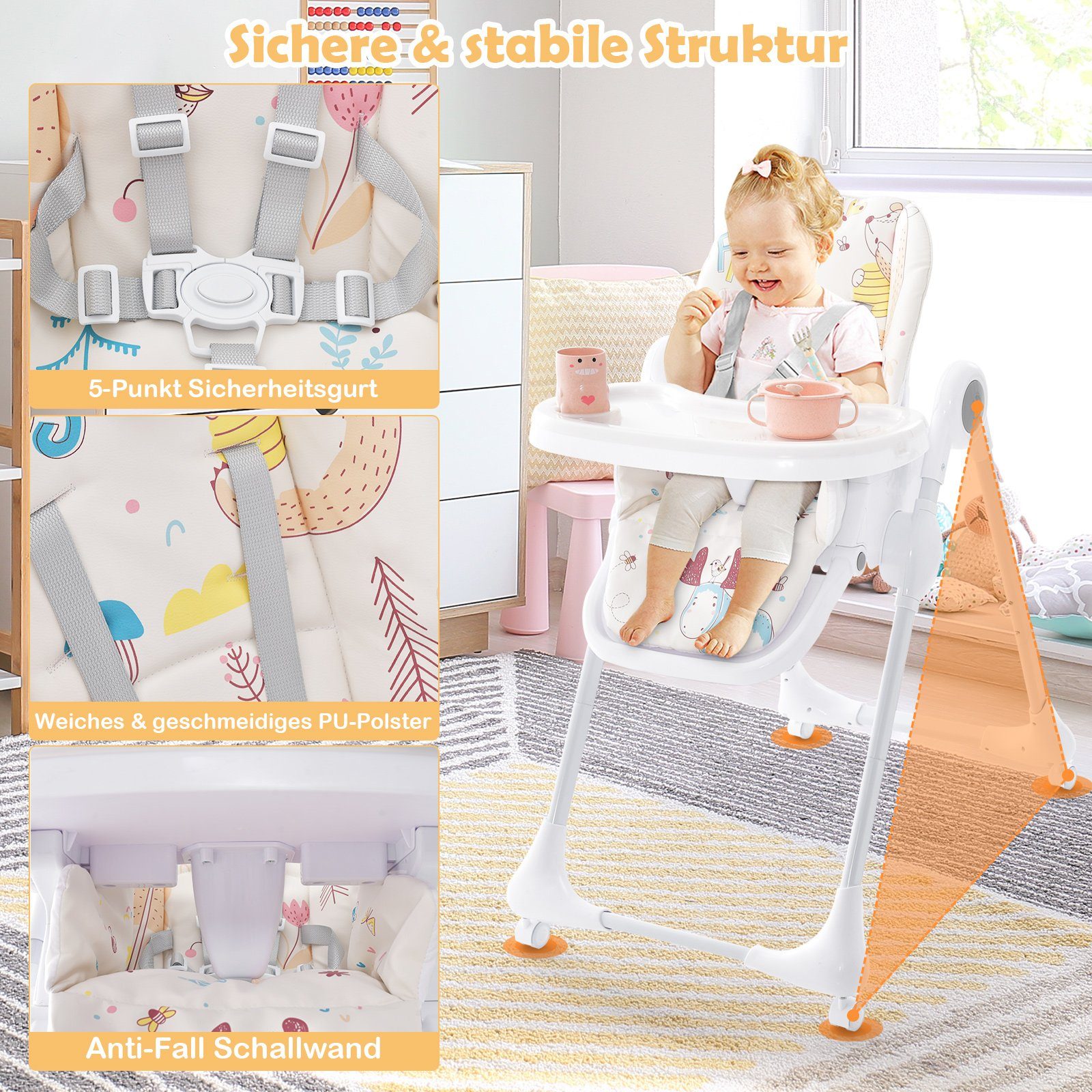 7-stufiger Beige Höhen, verstellbar COSTWAY klappbarer Babyhochstuhl, 3in1 Hochstuhl,