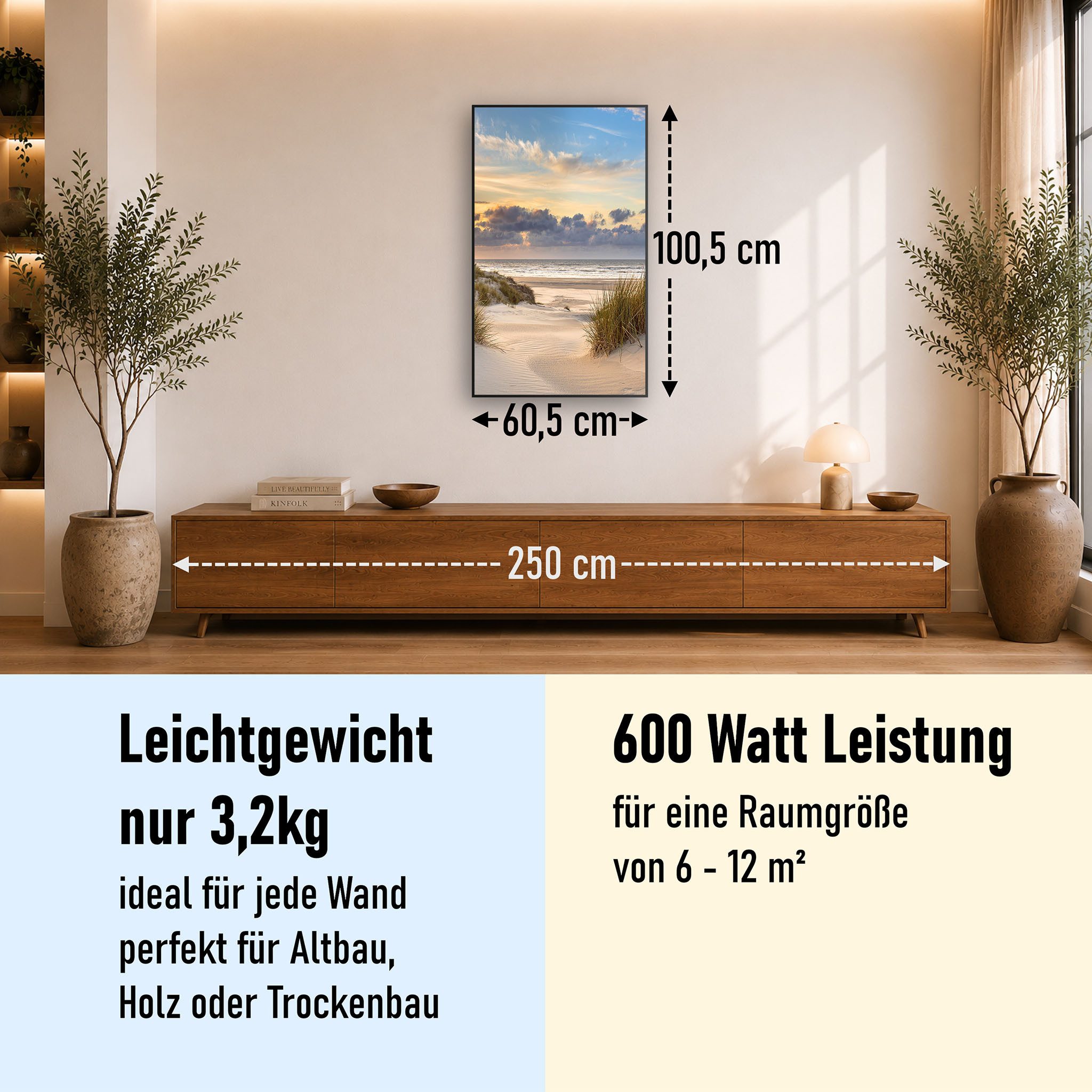 STEINFELD Heizsysteme Infrarotheizung Bild 600W, 100x60cm, Made in Germany, 7 Jahre Garantie, mit Thermostat, Schwarz