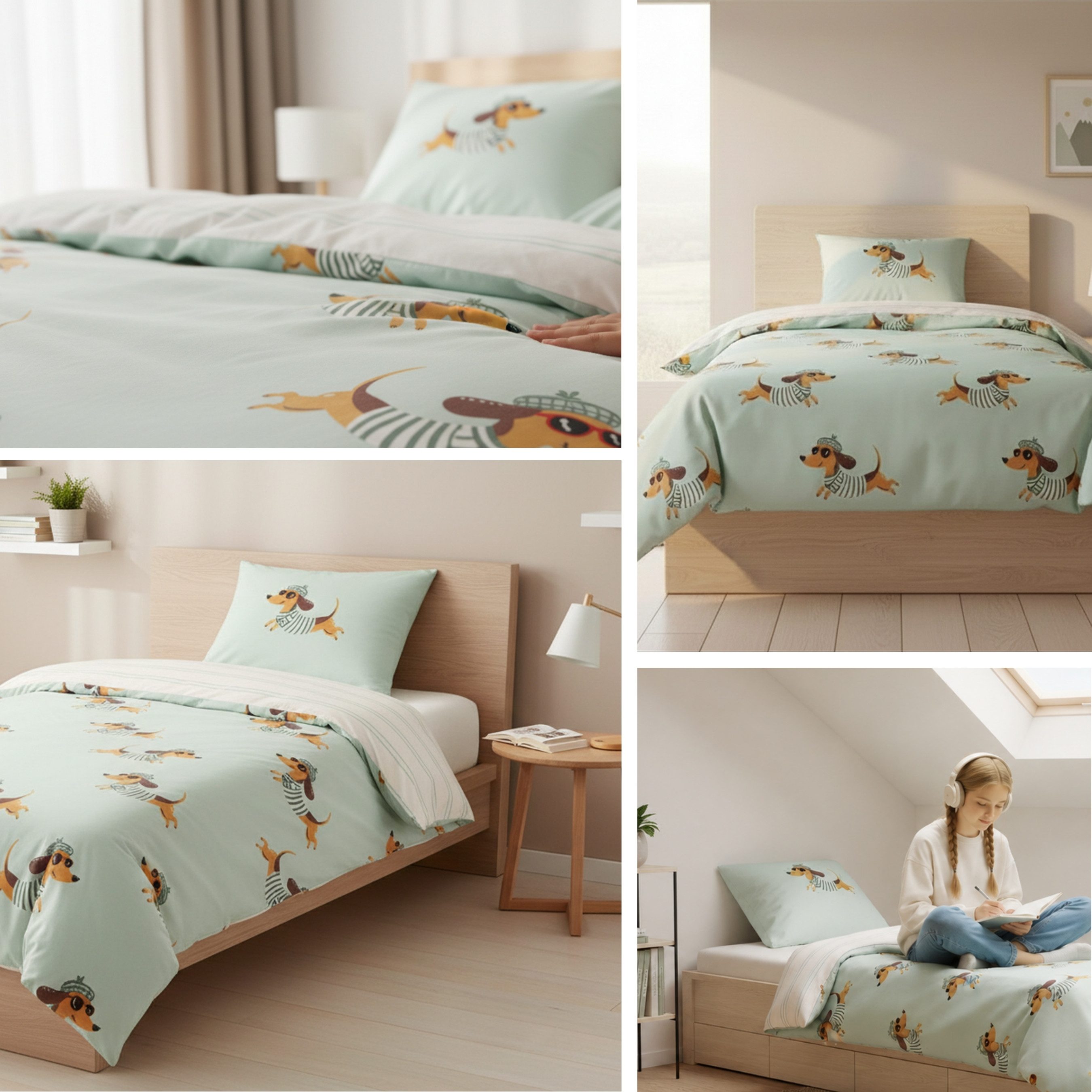 MTOnlinehandel Bettwäsche Dackel 135x200 + 80x80 cm, Baumwolle Renforcé, witziges Hundedesign, 100% Baumwolle, 2 teilig, Wende-Motiv in sanften Grüntönen – weic – Bild 5 von 5