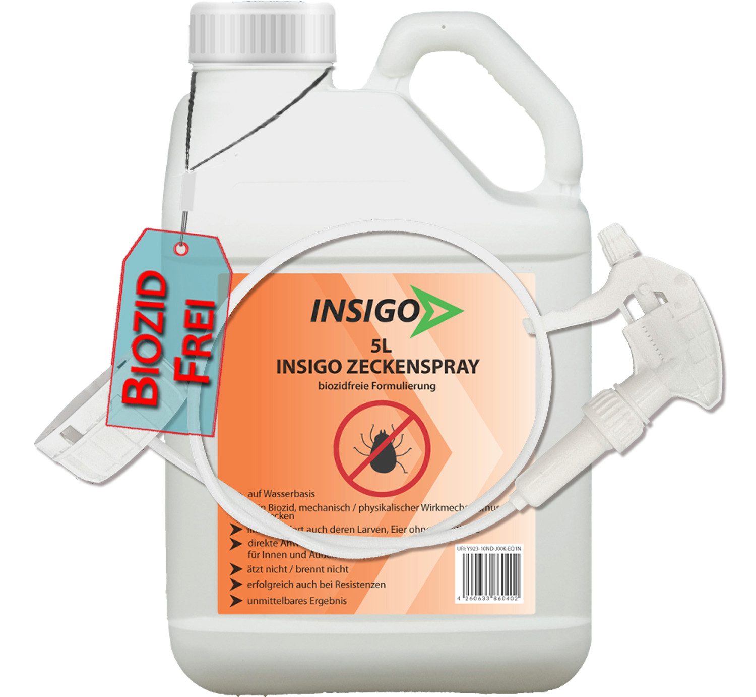 INSIGO Insektenspray INSIGO ZECKE, 5 l, biozidfreie Formel, auf Wasserbasis, geruchsarm, brennt / ätzt nicht