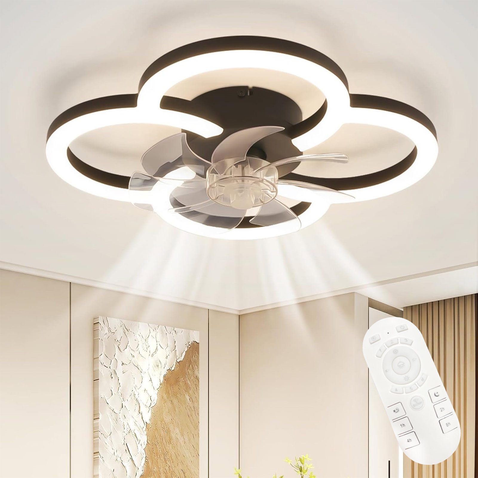 Nettlife Deckenventilator Schwarz/Weiß mit Licht Leise 40W Dimmbar Modern 6-Gang Timer, Deckenventilator für Schlafzimmer Küche Esszimmer