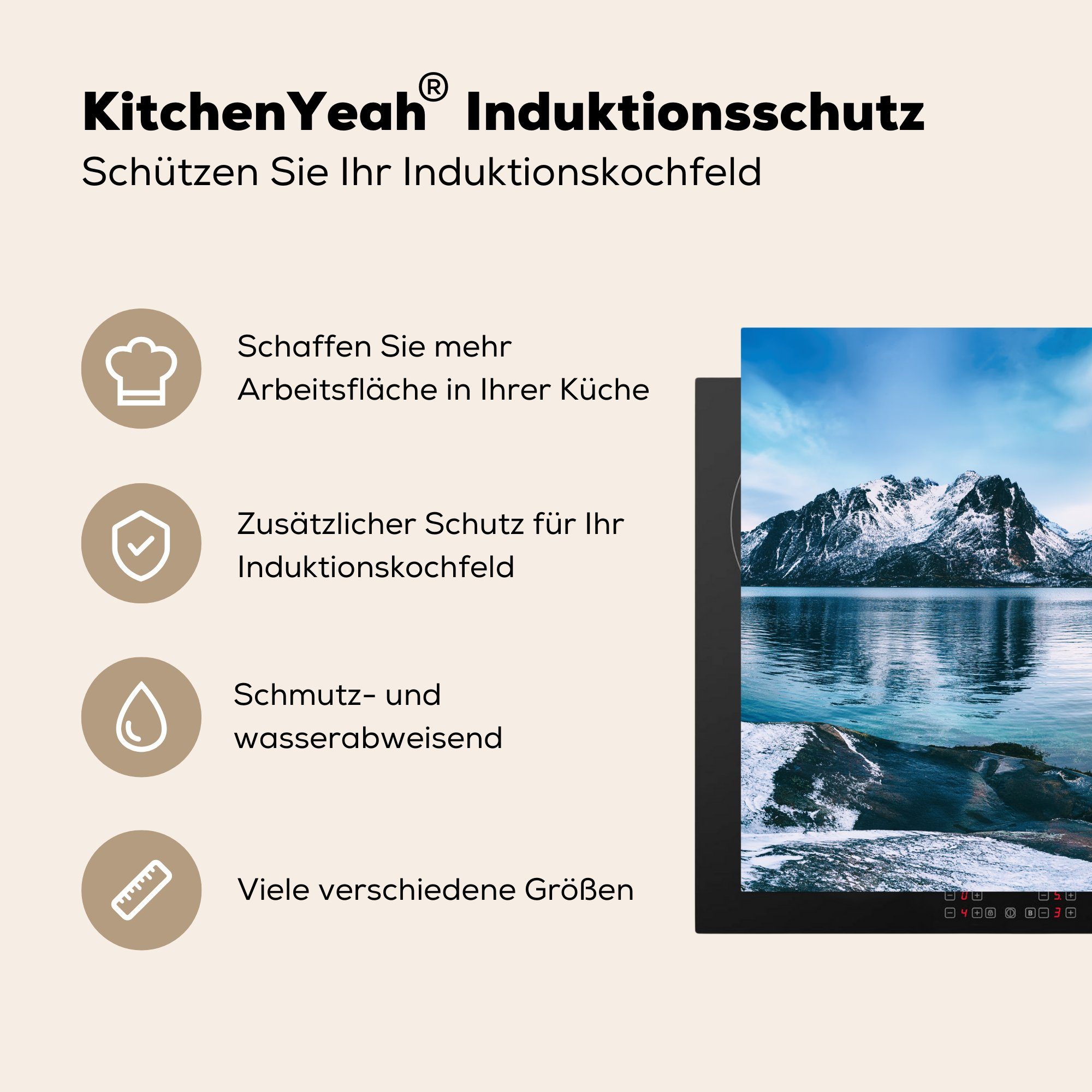 78x78 tlg), (1 - Berg Ceranfeldabdeckung, Winter küche Vinyl, für Arbeitsplatte - See Herdblende-/Abdeckplatte - MuchoWow cm, Schnee,