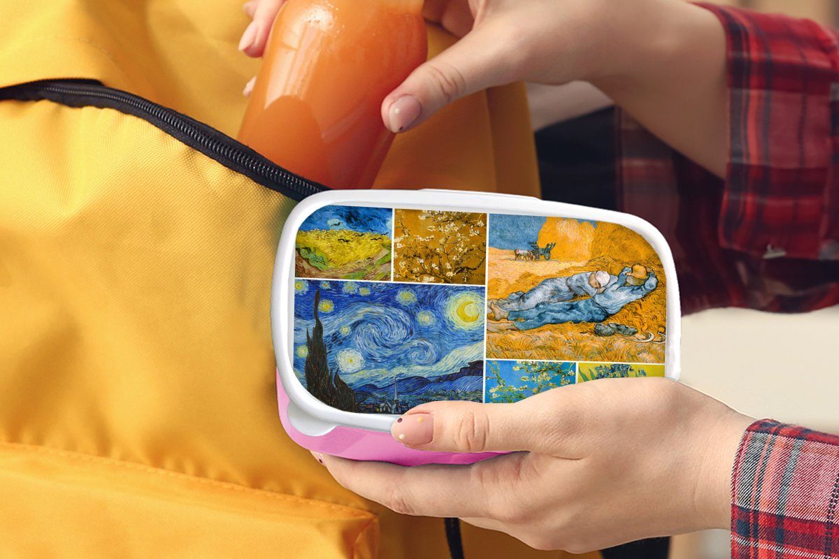rosa Collage Brotbox Kinder, Lunchbox MuchoWow Van Meister, Mädchen, für Gogh Kunststoff (2-tlg), - Erwachsene, Kunststoff, Alte Snackbox, Brotdose -