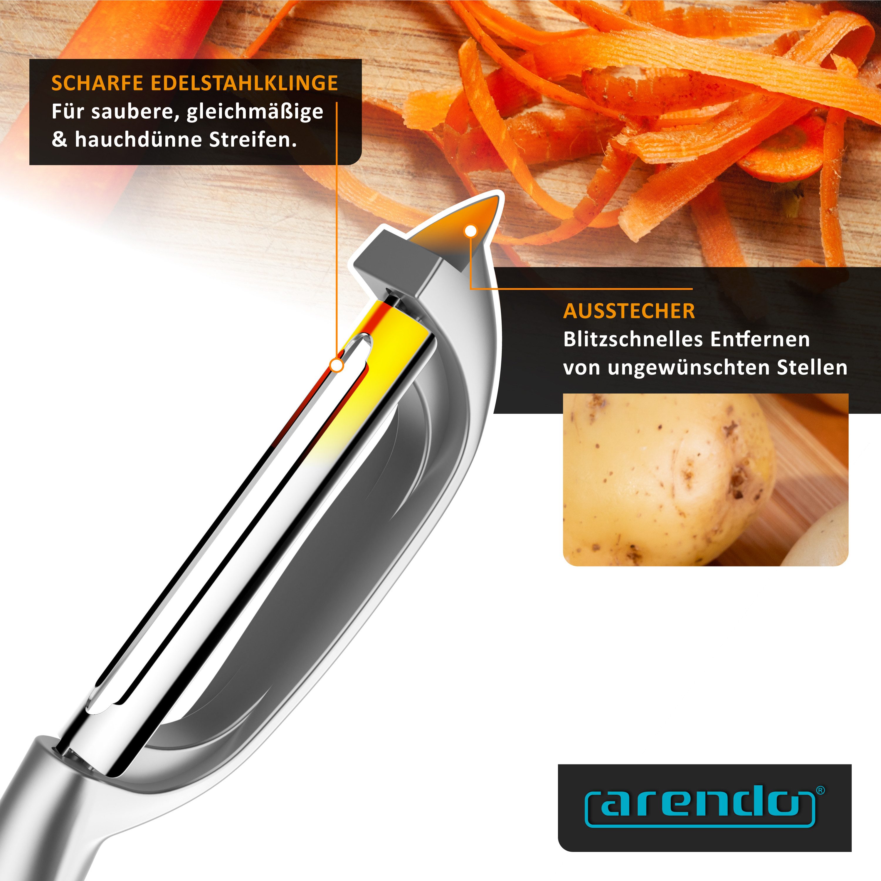 Arendo Sparschäler Profi Pendelklinge für Kartoffeln, Spargel, Obst & Gemüse, (1-tlg., mit integriertem Ausstecher), Scharfer Universalschäler rostfrei, beidhändig & spülmaschinengeeignet