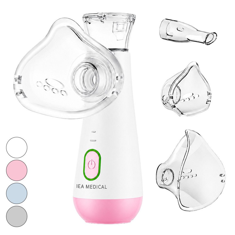 IEA Medical Inhalationsgerät pink für Erwachsene & Kinder, leise & USB-C, 1-tlg., inkl. Mundstück, Kinder- und Erwachsenenmaske, Mesh-Vernebler, 2 Modi, Anti-Rutsch-Boden, 3 Aufsätze