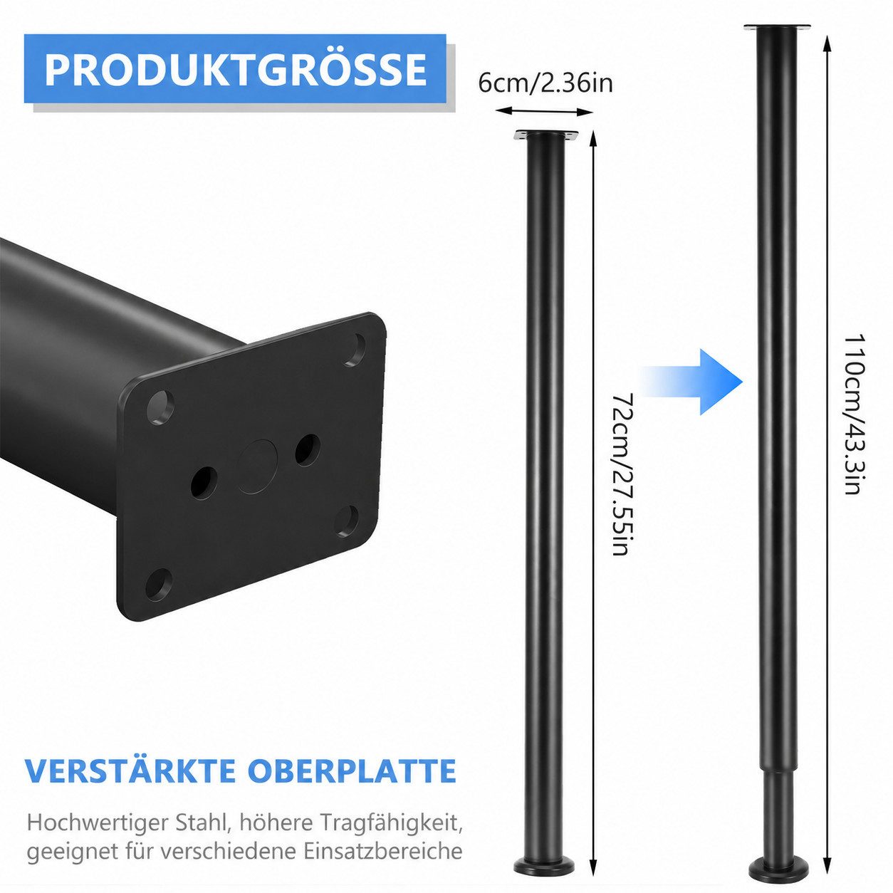 BlingBin Tischbein 72-110 cm Verstellbare Metall-Schreibtischbeine, DIY Tischstütze, mit Schutzkappe für den Boden und Schrauben für die Tischplatte