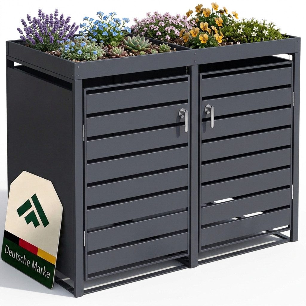 NovaTerra Mülltonnenbox Mülltonnenverkleidung mit 2/3/4 Türen für 240L Tonnen anthrazit, Fußpedal, Pflanzendach