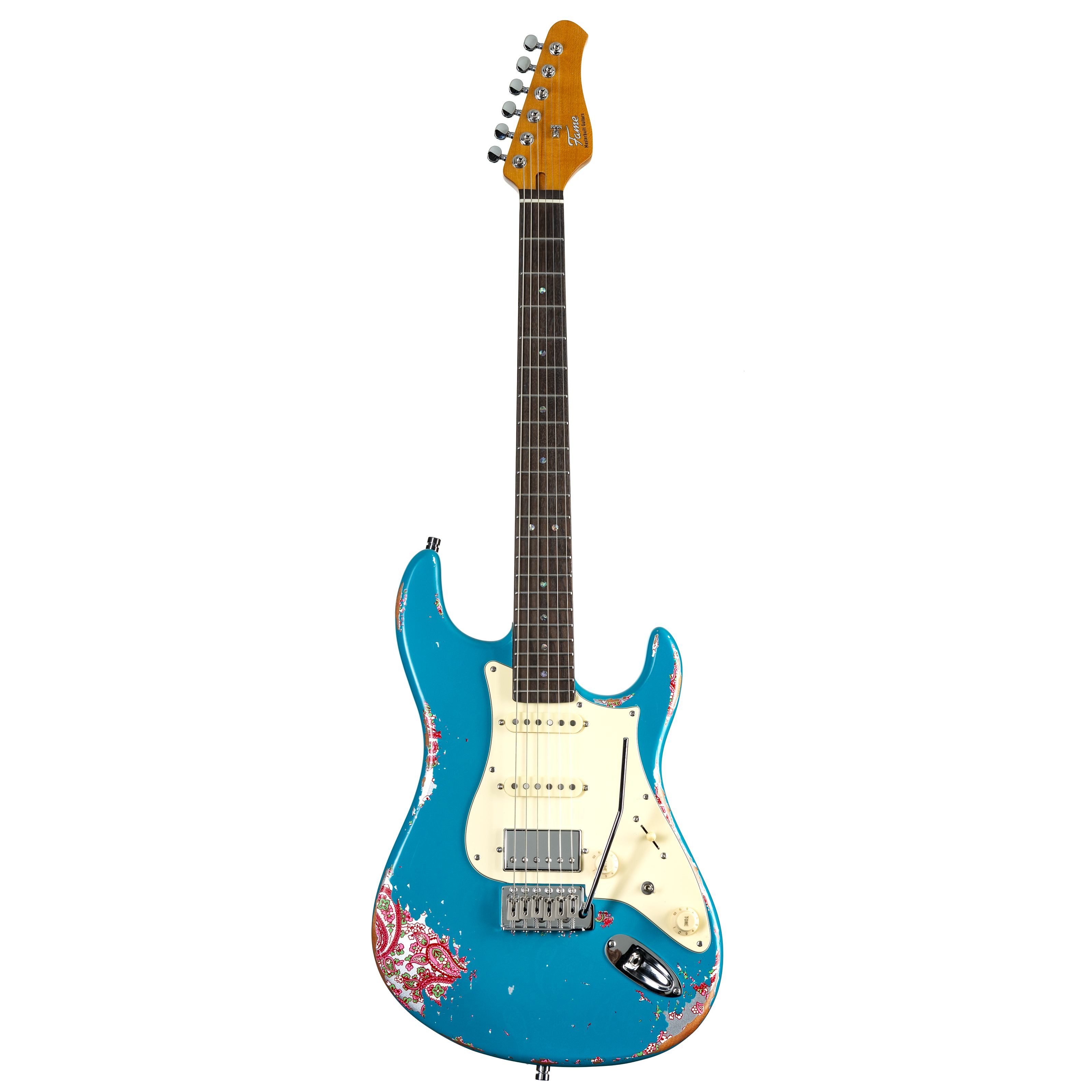 FAME E-Gitarre, E-Gitarren, ST-Modelle, Custom ST HSS RW Worn Aqua over Paisley - E-Gitarre