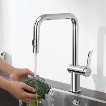 Auralum Küchenarmatur 360° Drehbar Ausziehbar Küchenarmatur 2 Brause Wasserhahn Edelstahl