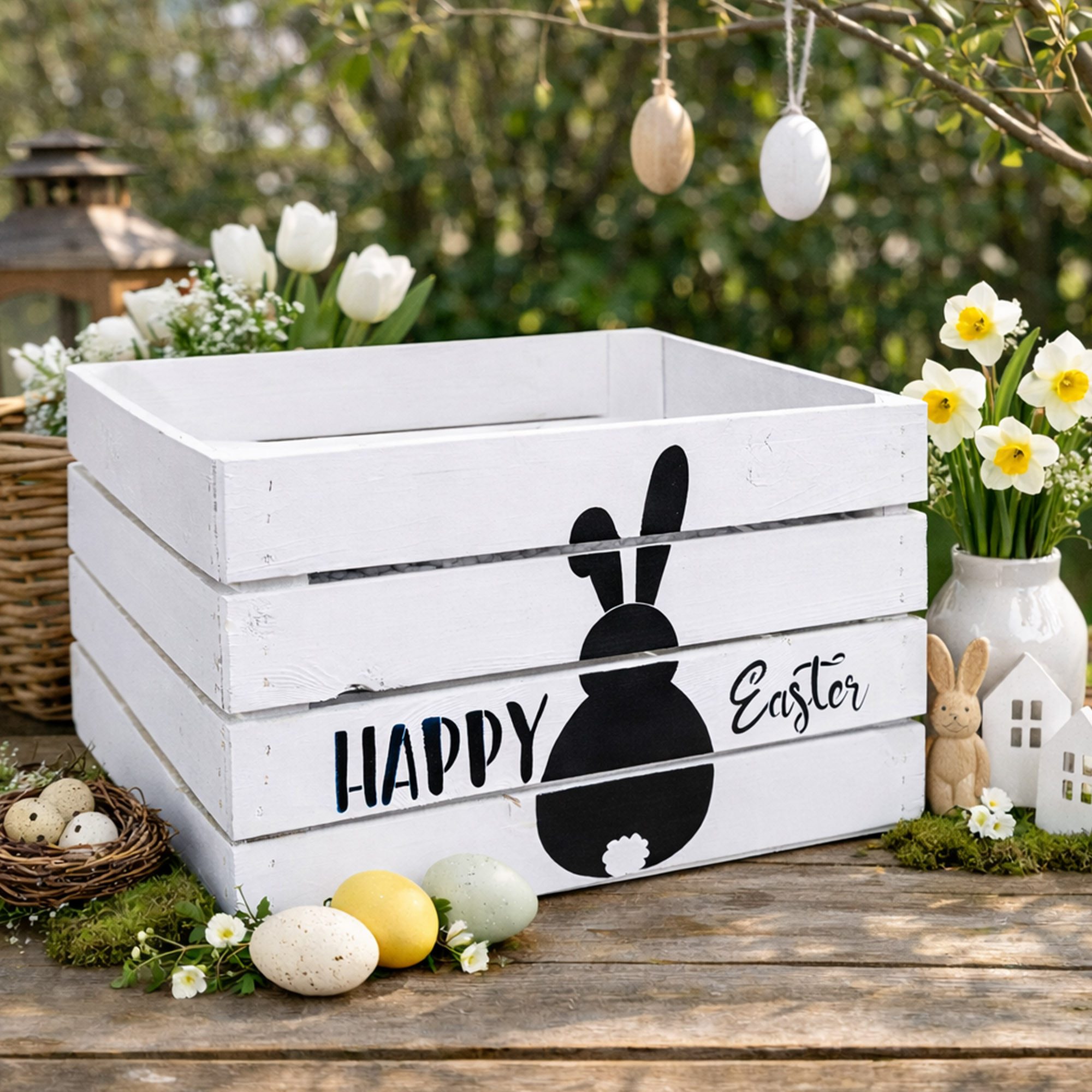 Kistenkolli Altes Land Allzweckkiste Holzkiste mit Ostermotiv Happy Easter (Hase) 50 x 40 x 30 cm