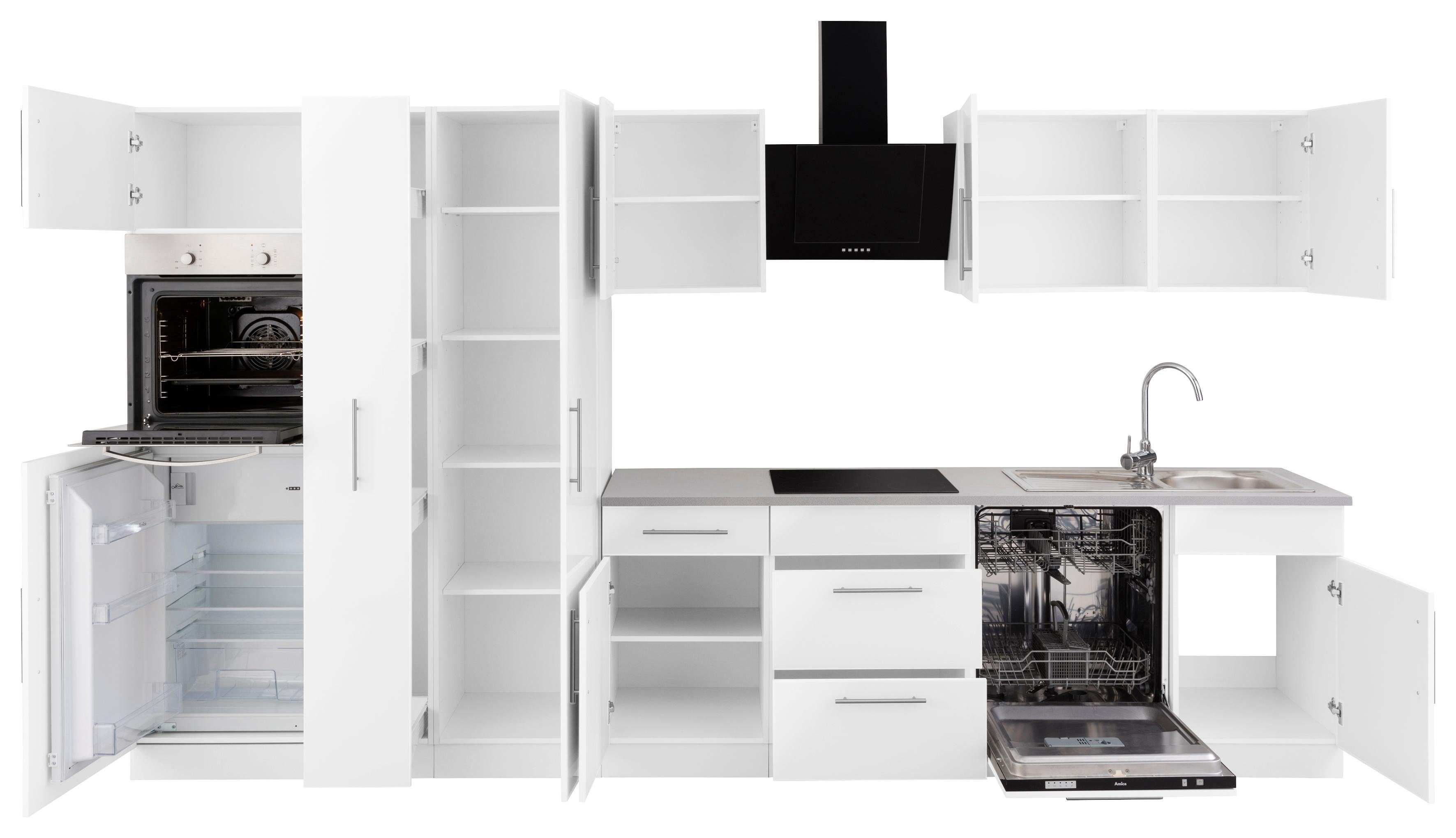 wiho Küchen Küchenzeile Cali, mit weiß, Korpus: Weiß Glanz, | Metallgriffen Breite Front: matt 360 Arbeitsplatte cm Playa E-Geräten, mit Grau weiß