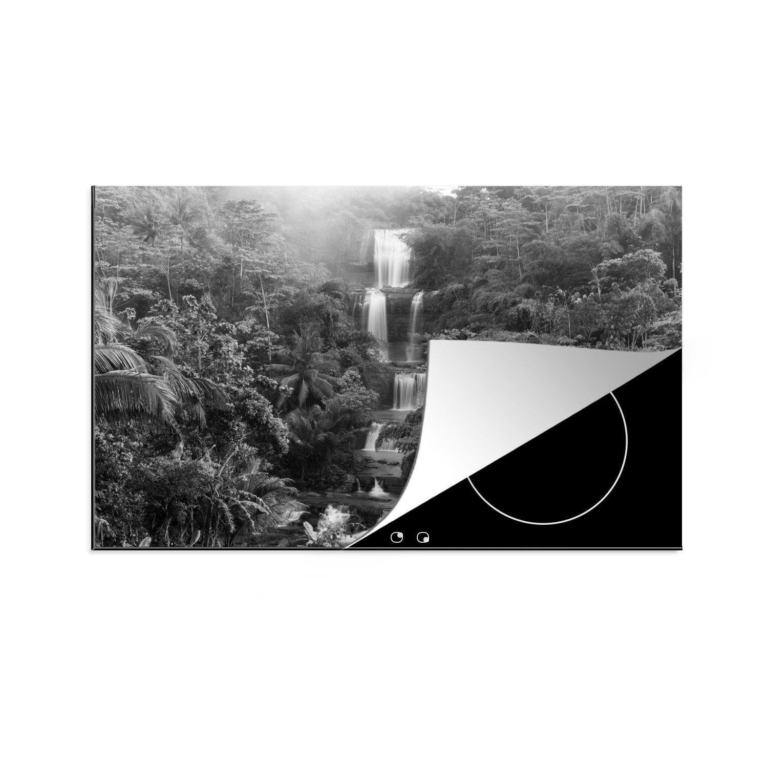MuchoWow Herdblende-/Abdeckplatte Indonesien - Wasserfall - Schwarz - Weiß, Vinyl, (1 tlg), 81x52 cm, Induktionskochfeld Schutz für die küche, Ceranfeldabdeckung