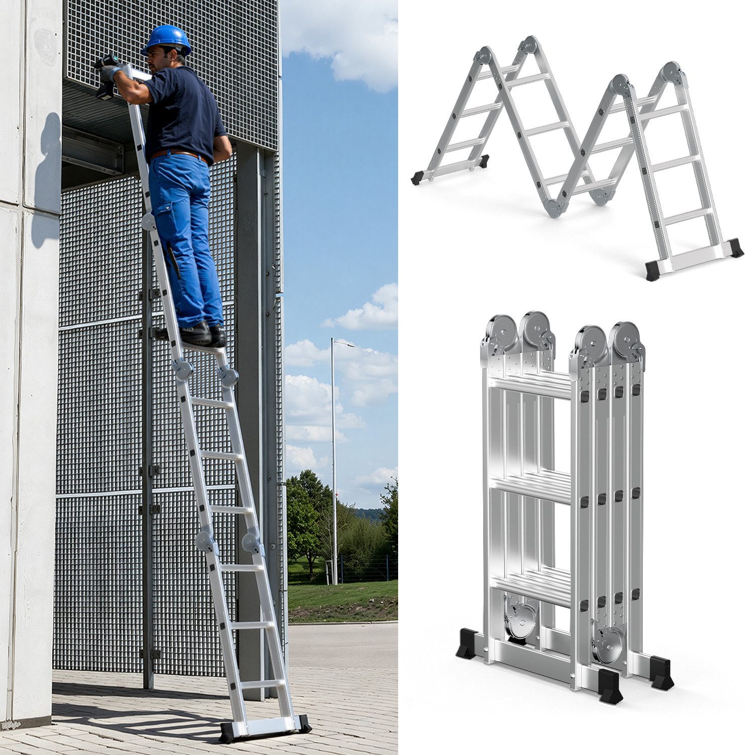 Clanmacy Teleskopleiter Aluminium-Gelenkleiter 4x3 Stufen, klappbare Mehrzweckleiter