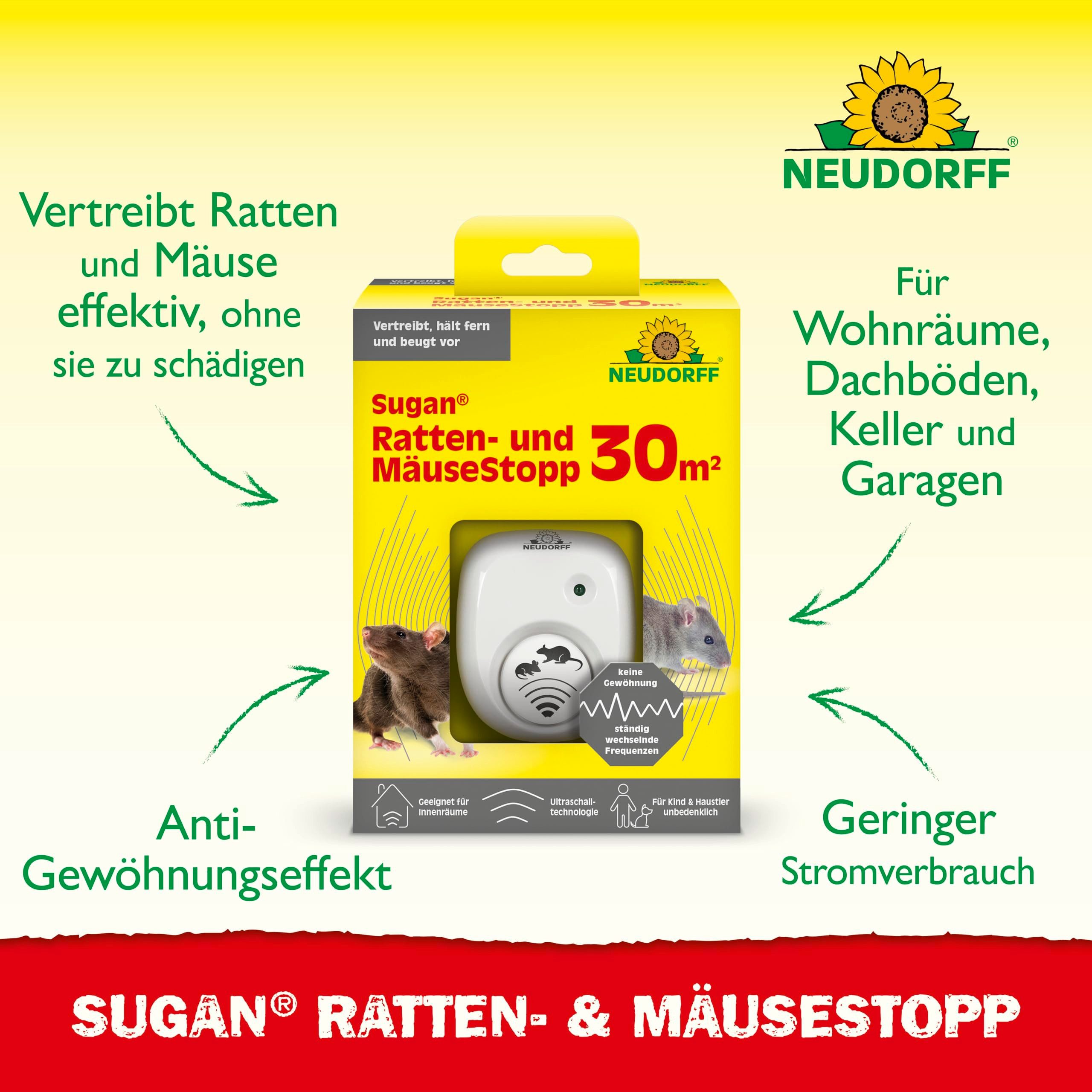 Neudorff Ultraschall-Tierabwehr Sugan Ratten- und MäuseStopp (für 30 m) 1 Stk., Rattenschreck Ultraschall vertreibt Ratten und Mäuse sofort und dauerhaft aus Haus, Keller und Garage, kein Gewöhnungseffekt durch ständig wechselnde Frequenzen, Gegen Ratten und Mäuse, chemiefrei, Kabelschutz, bis 30 m²