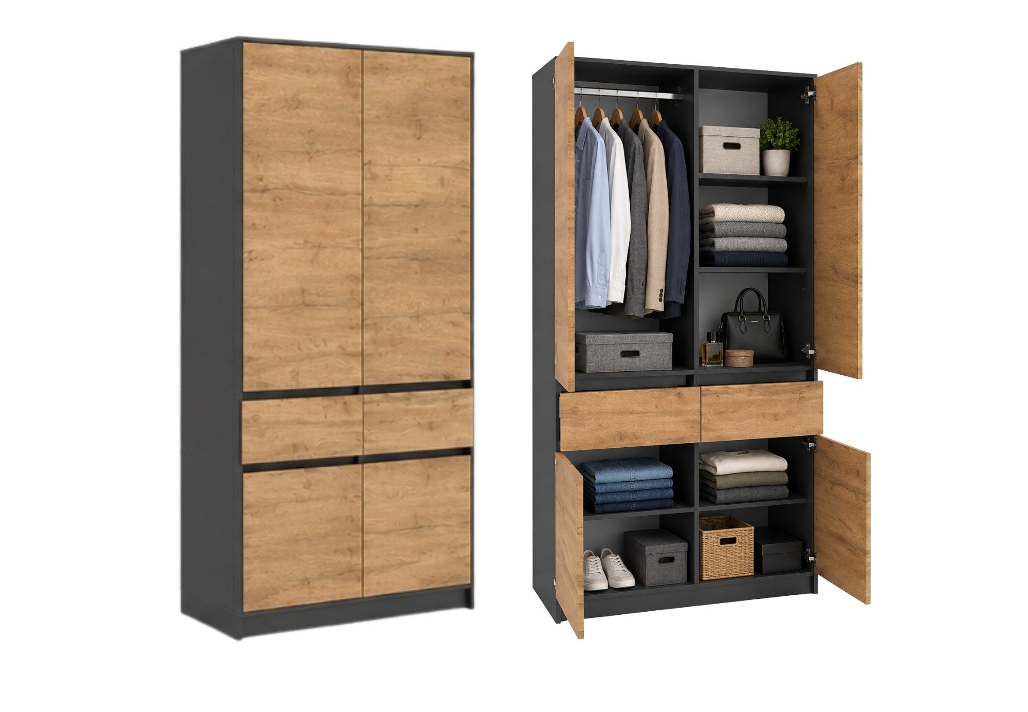 Home Collective Kleiderschrank Schrank Schlafzimmer Garderobenschrank Mehrzweckschrank Hochschrank (100 cm breit, mit 2 Schubladen, Kleiderstange & Einlegeböden) Wäscheschrank, vielseitig, grifflose Front, Anthrazit / Eiche