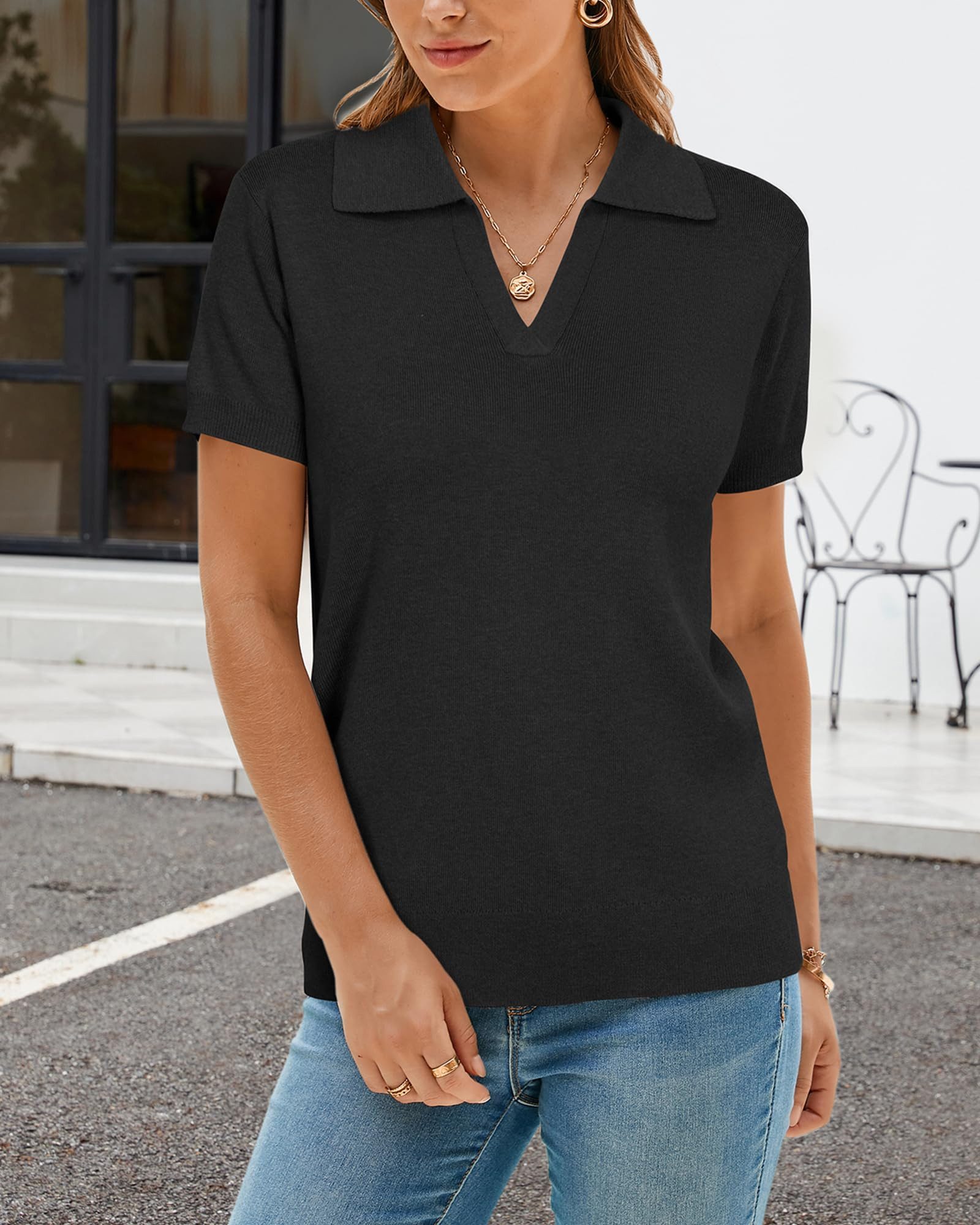 Arach&Cloz Poloshirt Damen Wollmischung Poloshirt Kurzarmpullover Strickpullover Volltonfarbe V-Shirt Tops Business Casual Kurzarmshirt Wollpullover