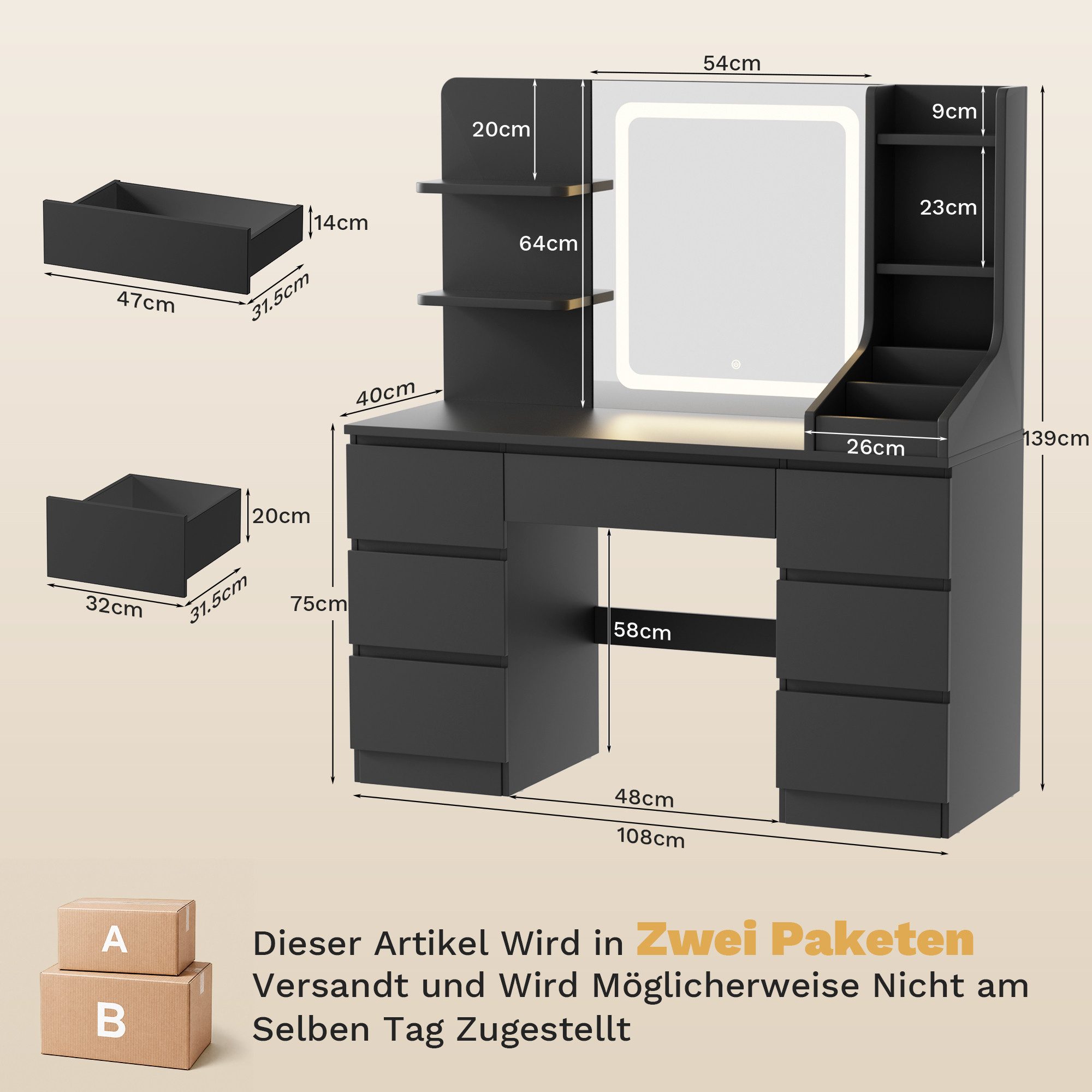 HOMALL Schminktisch LED-Spiegel, 7 Schubladen, 110 cm breit, Aufbewahrungshocker optional (Schminktisch mit dimmbarem LED-Spiegel (3 Farben), 7 Schubladen + 8 Fächer, 110×40×139 cm – 5 Farben (Schwarz/Rosa/Vintage/Weiß/Weiß Hochglanz), Hocker opt., E1-Platte), 110*40*139CM B/H/T