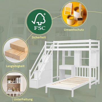 Fangqi Etagenbett 90*200CM Etagenbett mit Aufbewahrungsfunktion, Schreibtisch und Regal (set, Multifunktionales Etagenbett, Einzelbett, Jugendbett, Schlafsaalbett), Mit Treppe, Schreibtisch und Bücherregal, mit Stauraum auf der Treppe