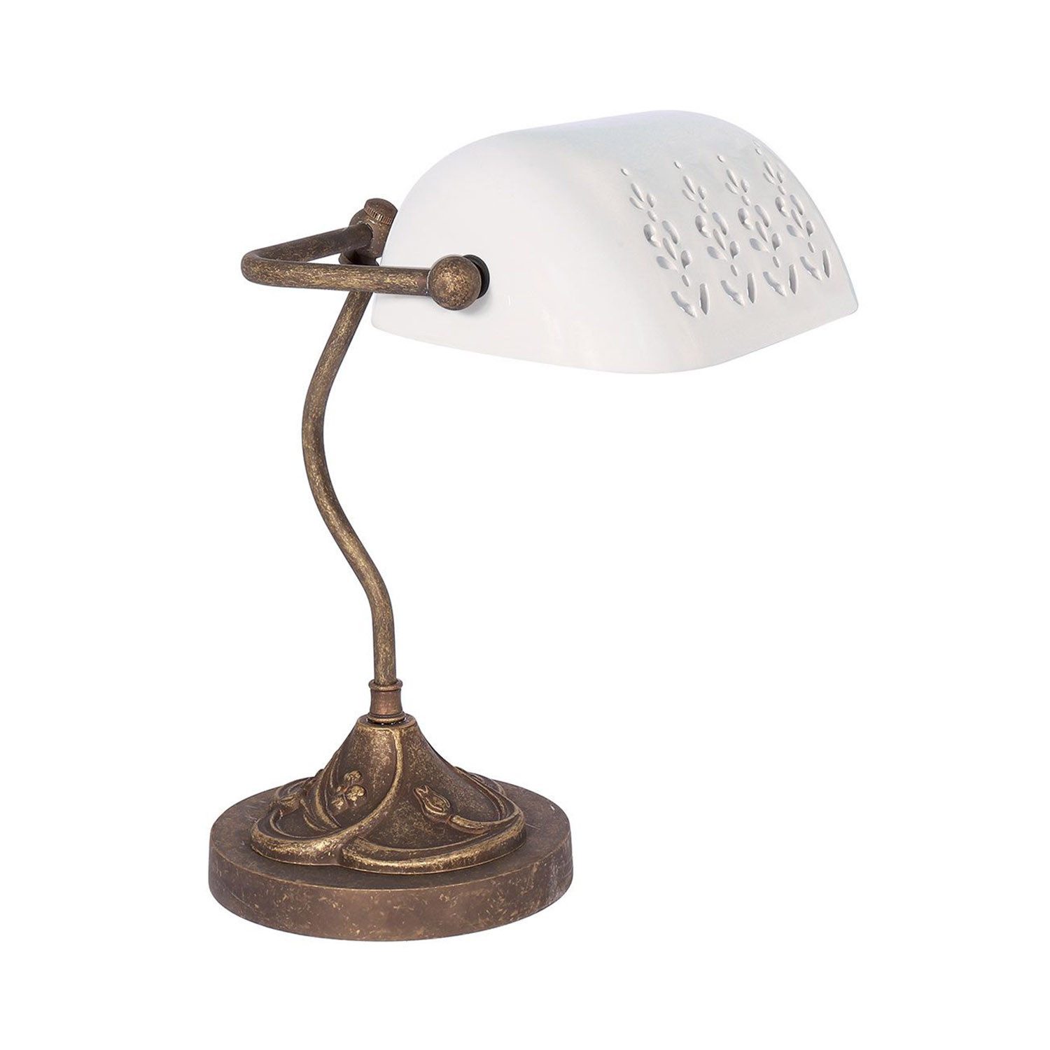 Licht-Erlebnisse Schreibtischlampe MINISTERO, ohne Leuchtmittel, Bankerlampe Messing massiv Glas in Bronze Antik Weiß Handarbeit