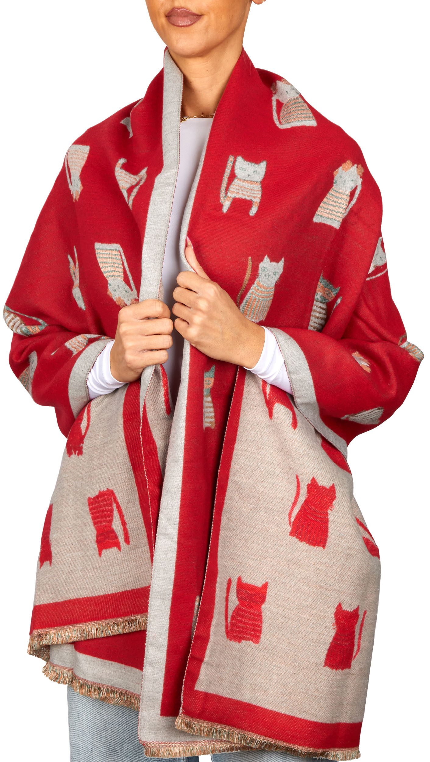 BRUBAKER Schal Cashmirillo Damen Schal mit Katzen Muster - 70 x 200 cm, (Herbstschal Winterschal, 1-St. Weiches Kaschmir-Gefühl), Warm, Kuschelig und Oversized - Damenschal für Herbst und Winter